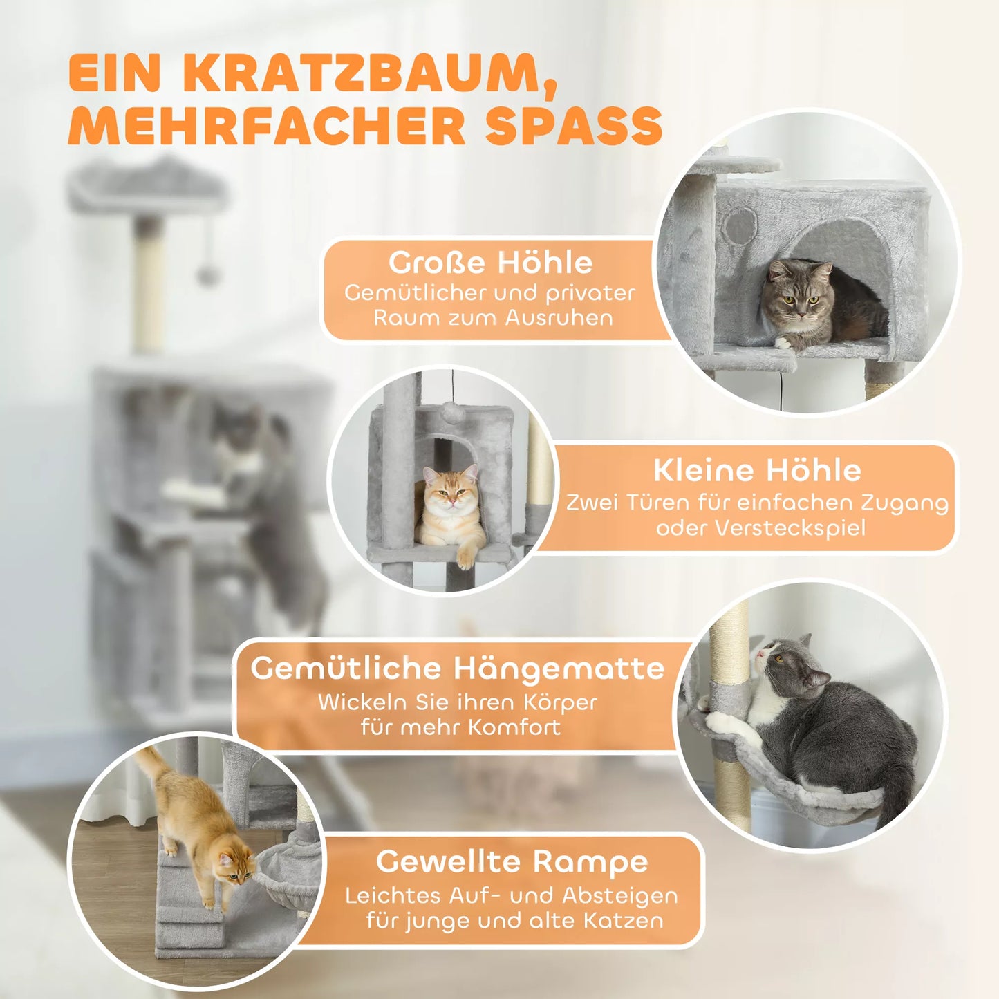 140 cm katės draskyklė, kelios pakopos, sizaliniai draskymo stulpeliai, guoliai, pliušinės platformos, hamakas, kopėtėlės, žaisliniai kamuoliukai