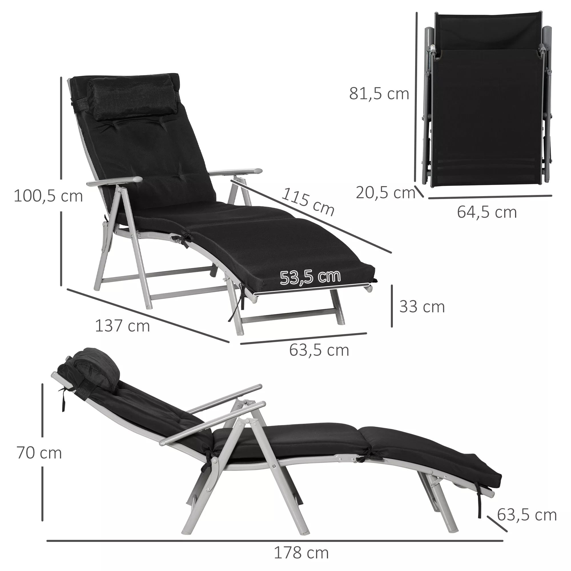 Sulankstomas gultas Paplūdimio gultas su pagalve Sėdimoji pagalvė Gultas su 7 pakopų reguliuojamu atlošu Sodo gultas Poilsio gultas, atlaikantis iki 165 kg svorį, skirtas sodui, atostogoms, lauke, juodos spalvos