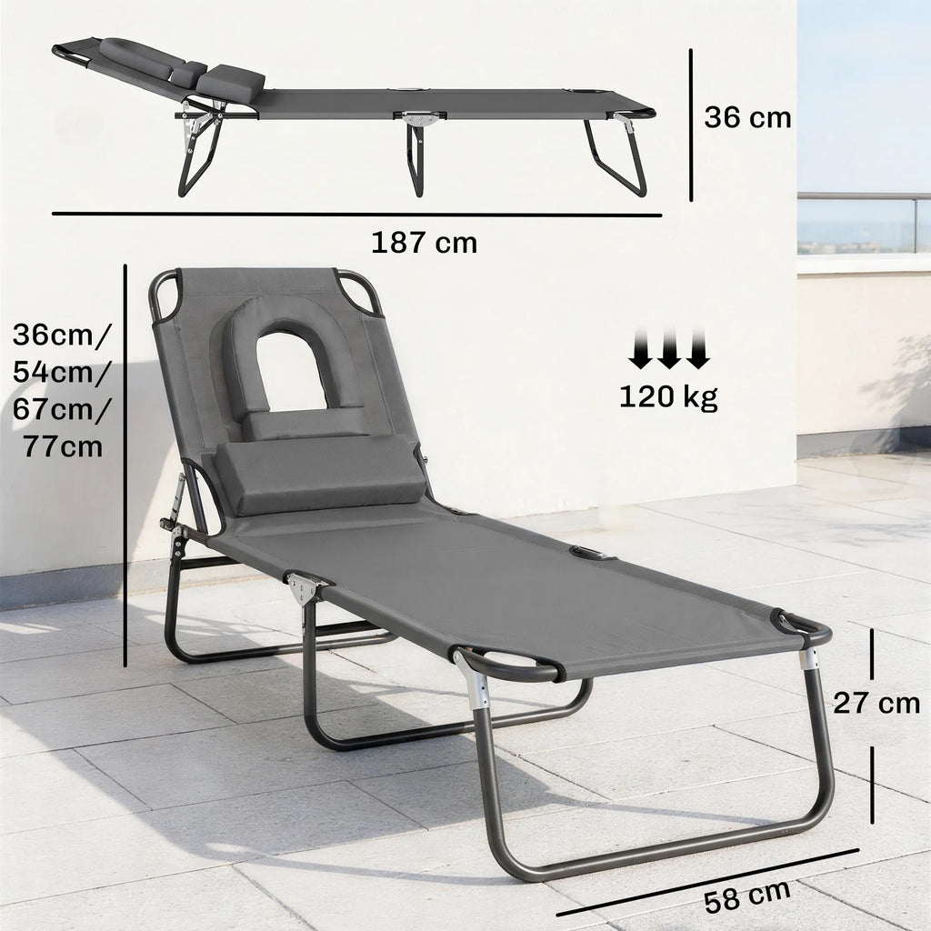 Matmenų schema: sulankstyto gulto ilgis 187 cm, aukštis 36 cm; atlošo aukščio pozicijos 36/54/67/77 cm, plotis 58 cm, aukštis nuo žemės 27 cm, maksimali apkrova 120 kg.