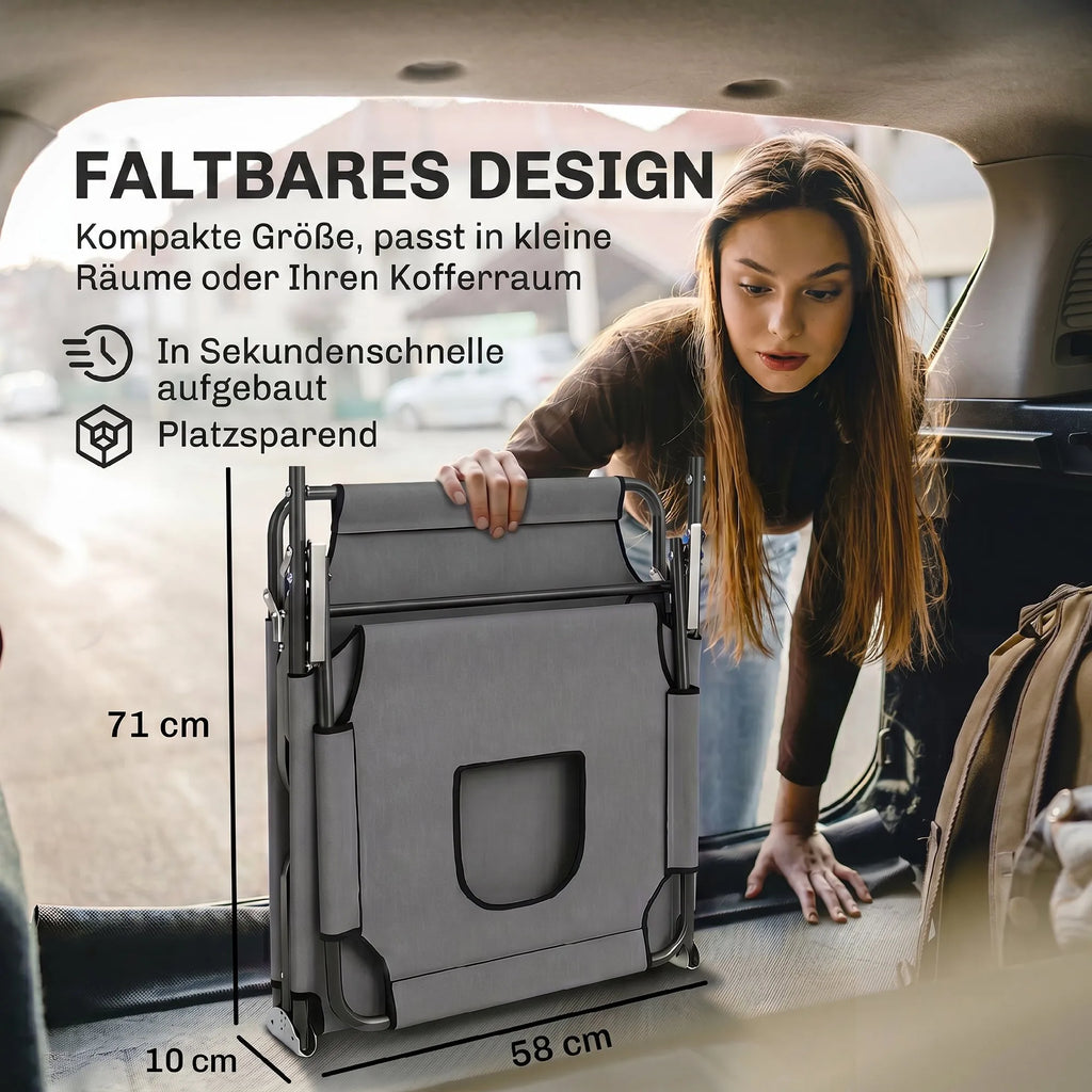 Vokiečių kalba pateikta grafika apie sulankstomą kompaktišką dizainą, tinkantį automobilio bagažinei.