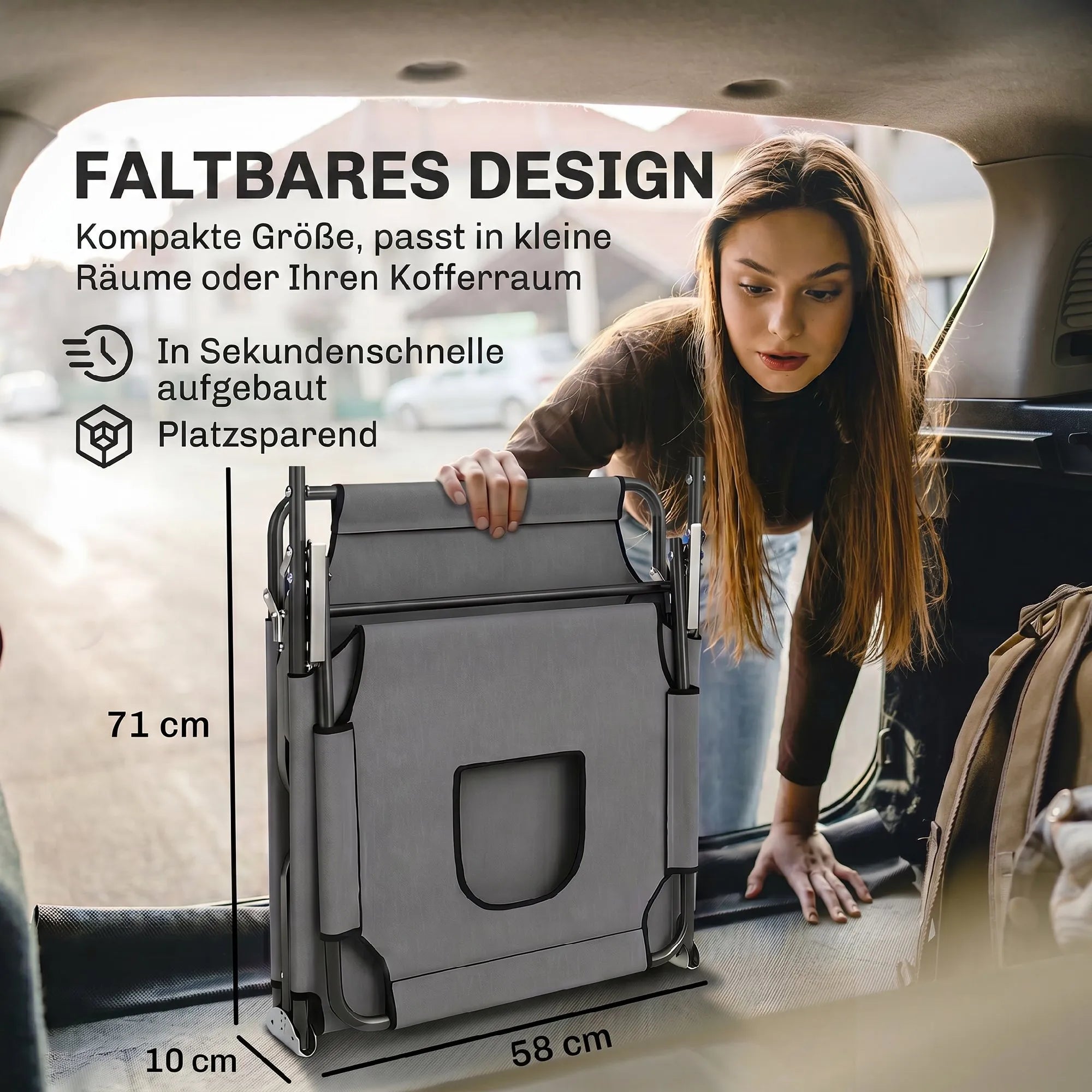 Vokiečių kalba pateikta grafika apie sulankstomą kompaktišką dizainą, tinkantį automobilio bagažinei.