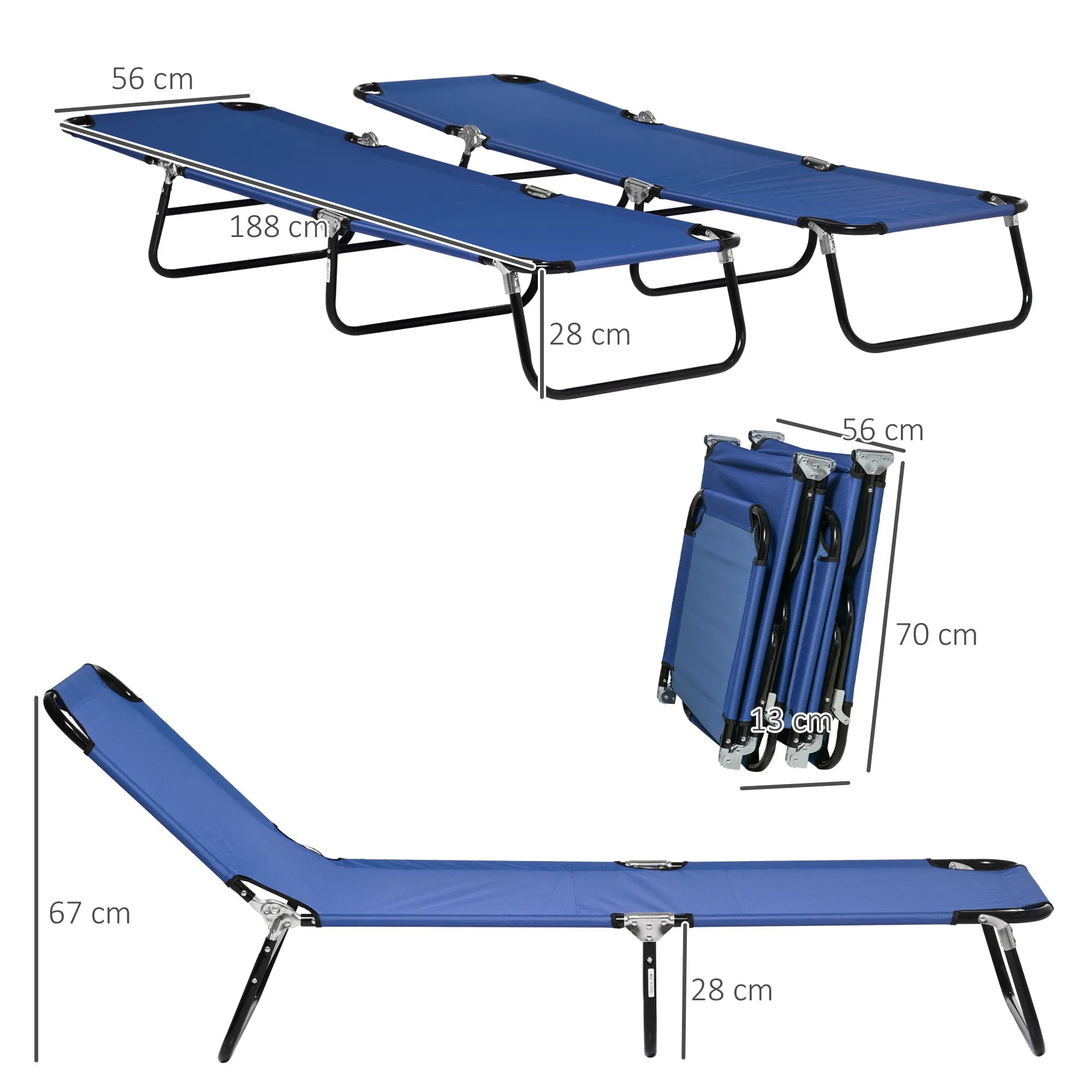 Gulto matmenų schema: ilgis 188 cm, plotis 56 cm, aukštis 67 cm, sulankstytas 70x56x13 cm
