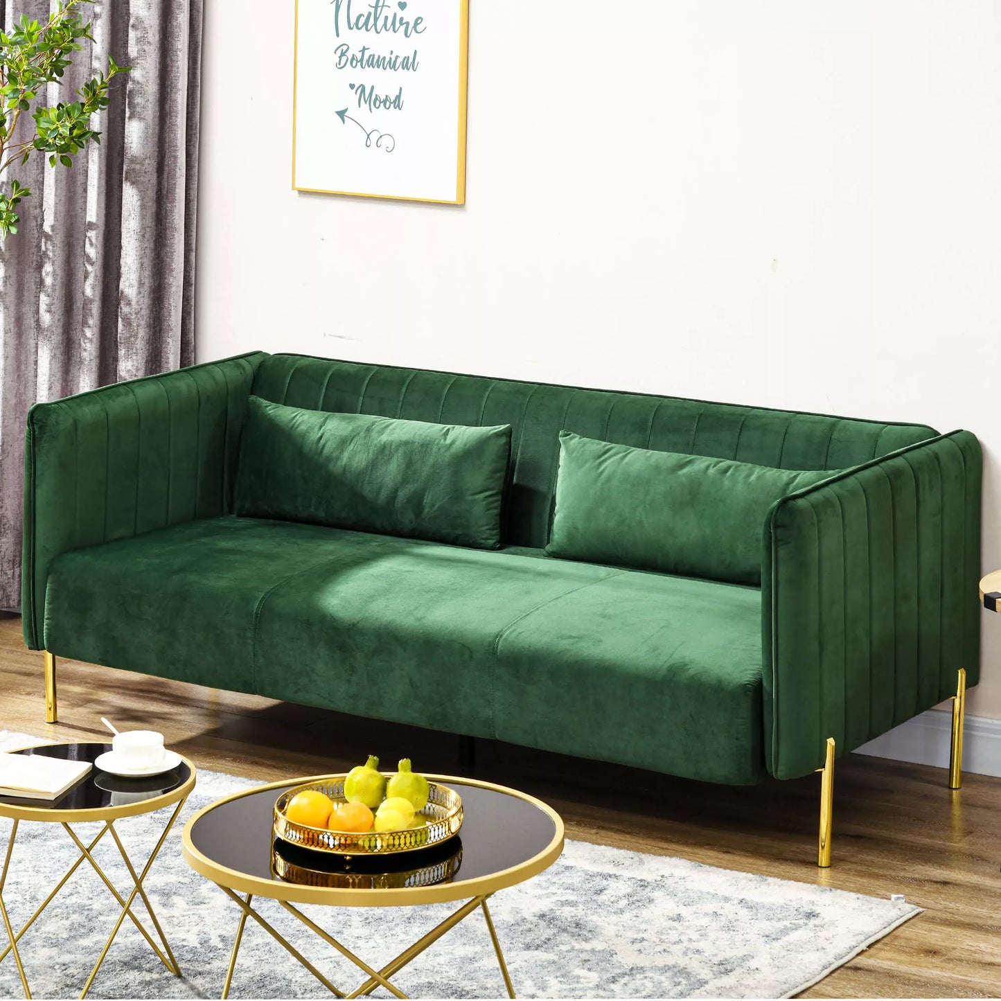 Trivietė sofa-lova, 2 pagalvėlės, aksominė išvaizda, retro dizainas, nuimamas užvalkalas, 195 cm x 88 cm x 76 cm, žalia