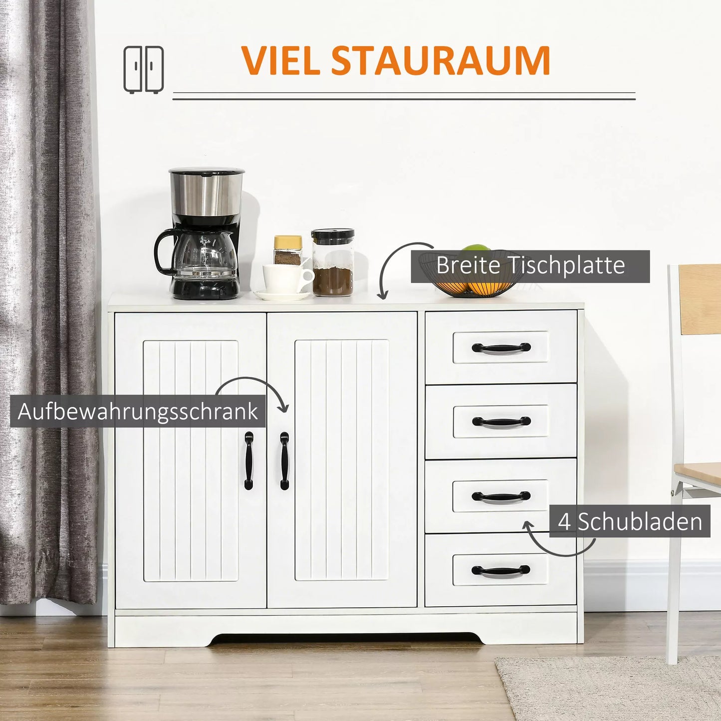 Bufetas Komoda, modernus stilius, 4 stalčiai, 1 spintelė, 105 cm x 40 cm x 76 cm, balta