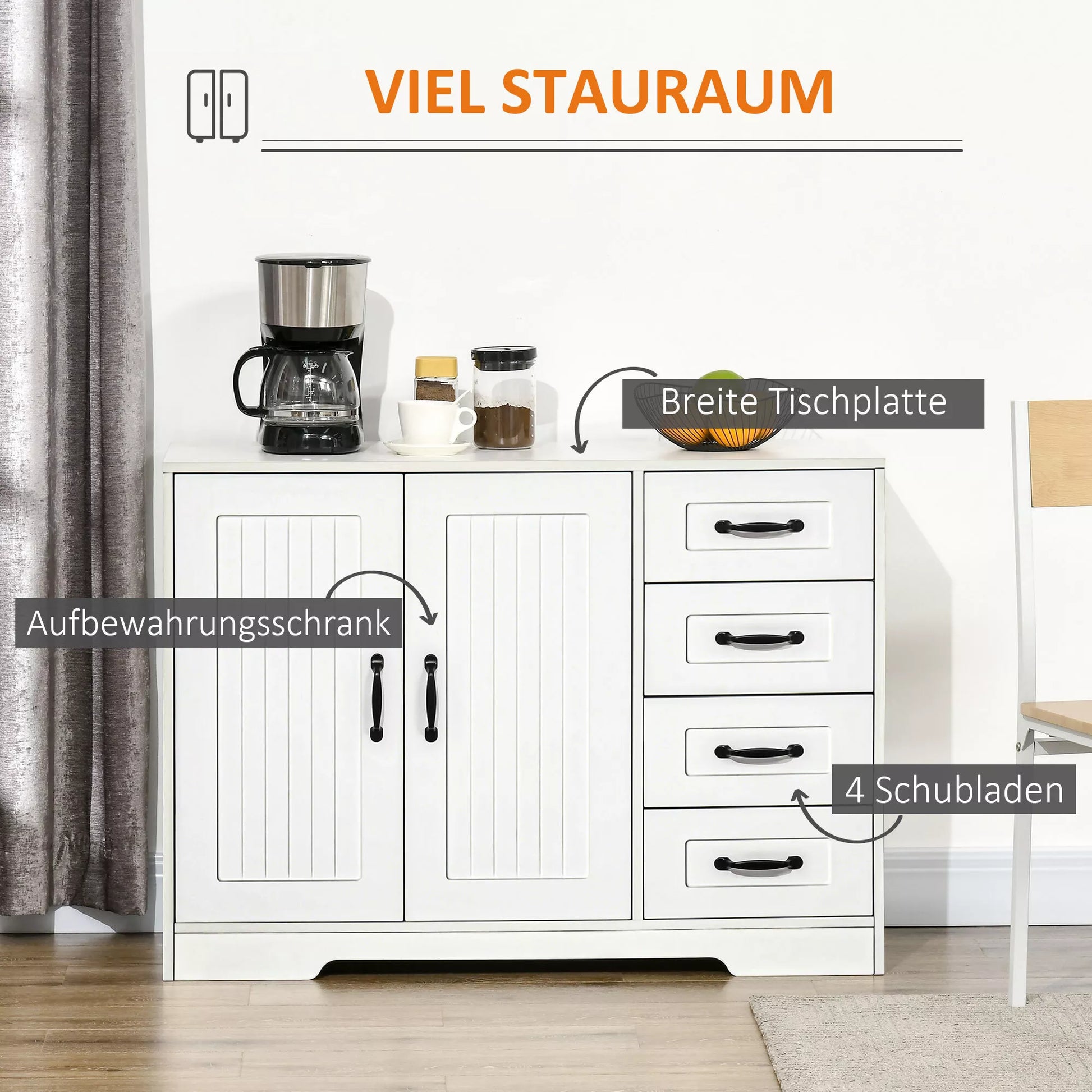 Bufetas Komoda, modernus stilius, 4 stalčiai, 1 spintelė, 105 cm x 40 cm x 76 cm, balta