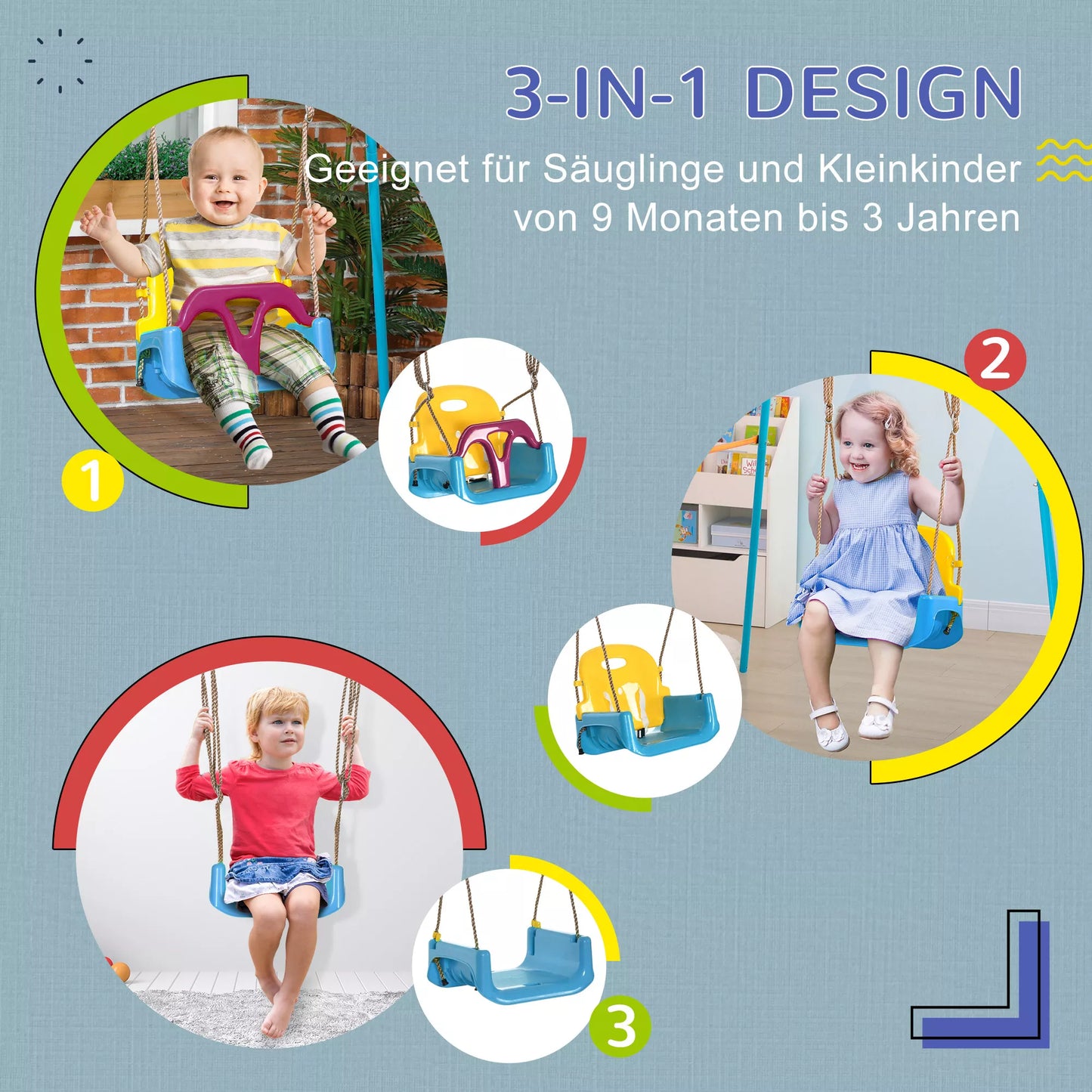 3-in-1 vaikiškos sūpynės, reguliuojamo aukščio, nuimama atlošama dalis, skirtos naudoti patalpose ir lauke, mėlyna+geltona, 42 x 33 x 180 cm