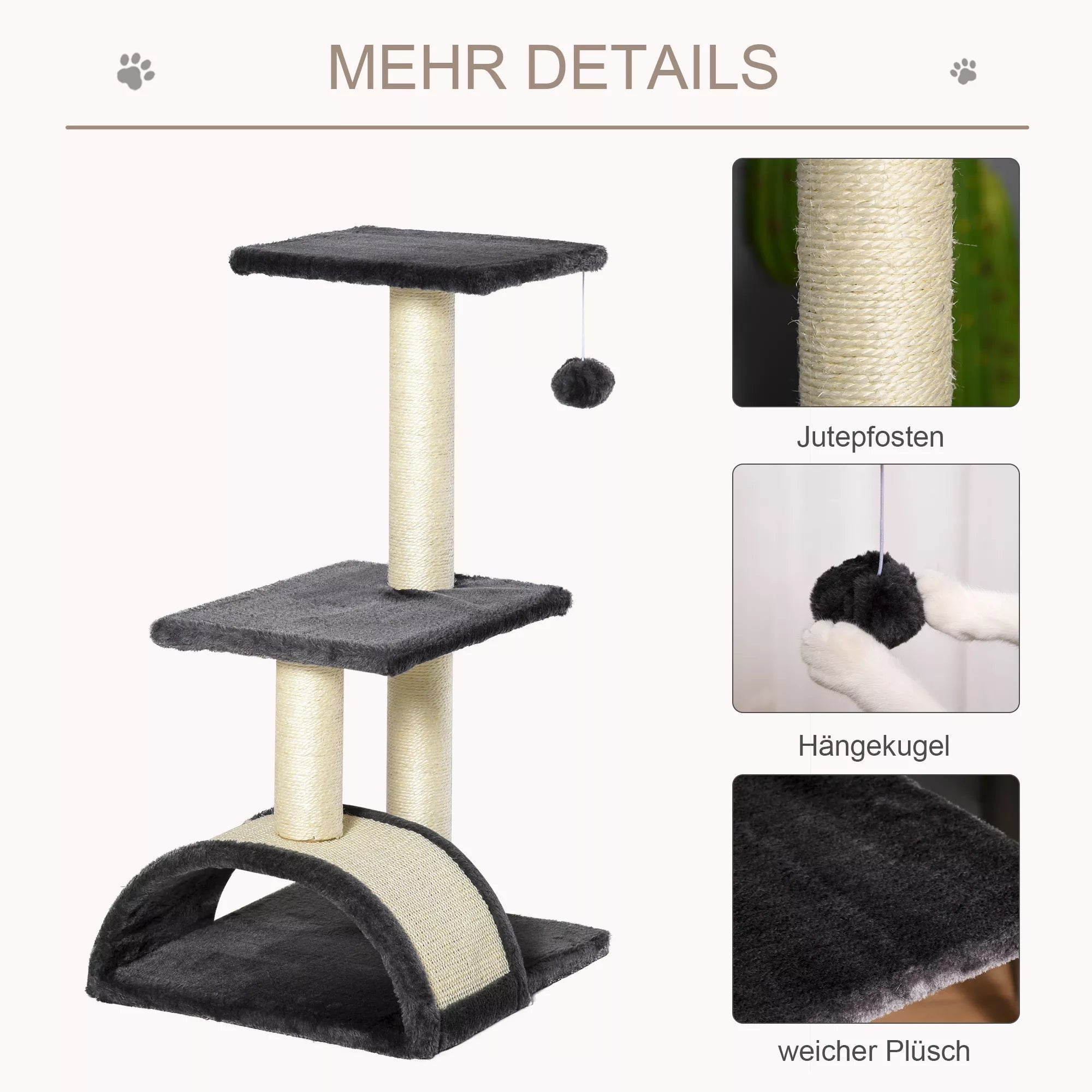 Kačių draskyklė 72 cm su stulpais ir platforma, pilka