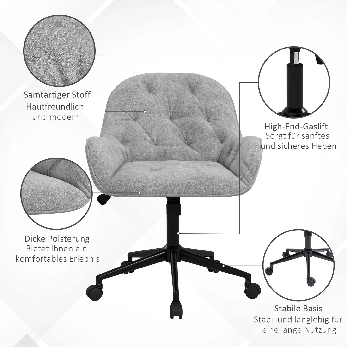 Biuro kėdė, rašomojo stalo kėdė, kompiuterio kėdė, reguliuojamo aukščio, aksominės išvaizdos, pilka