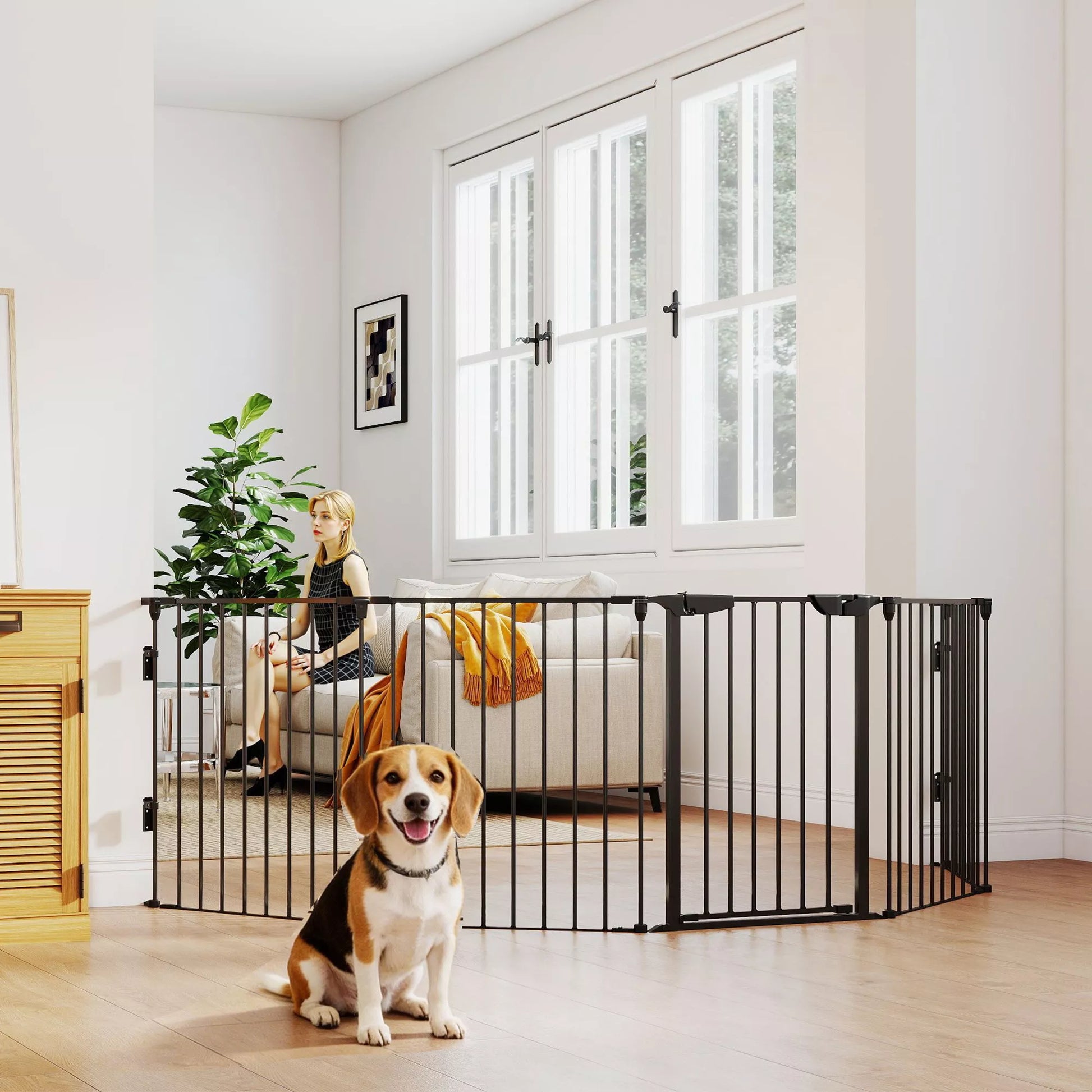 2-in-1 užtvaros, naminių gyvūnų maniežas, saugos vartai, sulankstomi, metaliniai, 300 x 3 x 74,5 cm, juodi