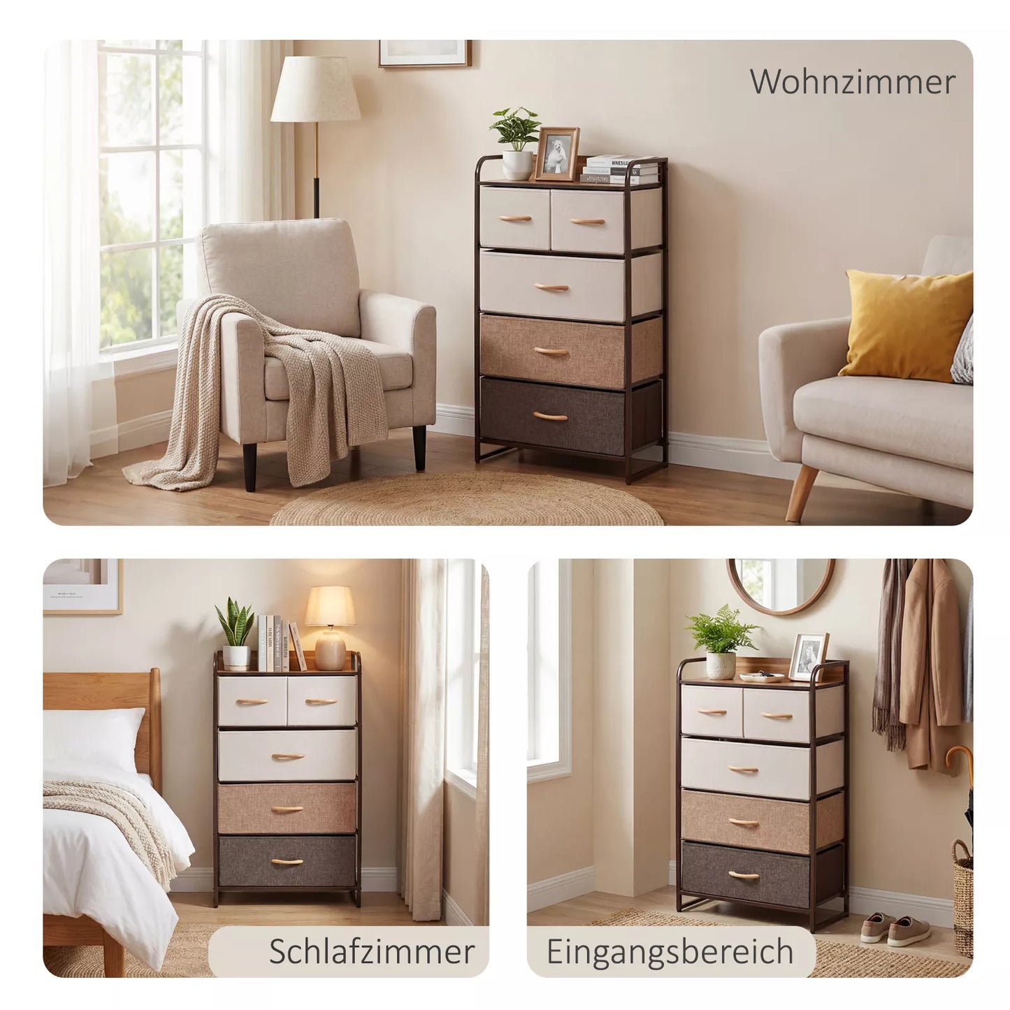 Komoda su 5 sulankstomais audinio stalčiais, lentynė, tvirtas plieninis rėmas, 58 x 29 x 99 cm