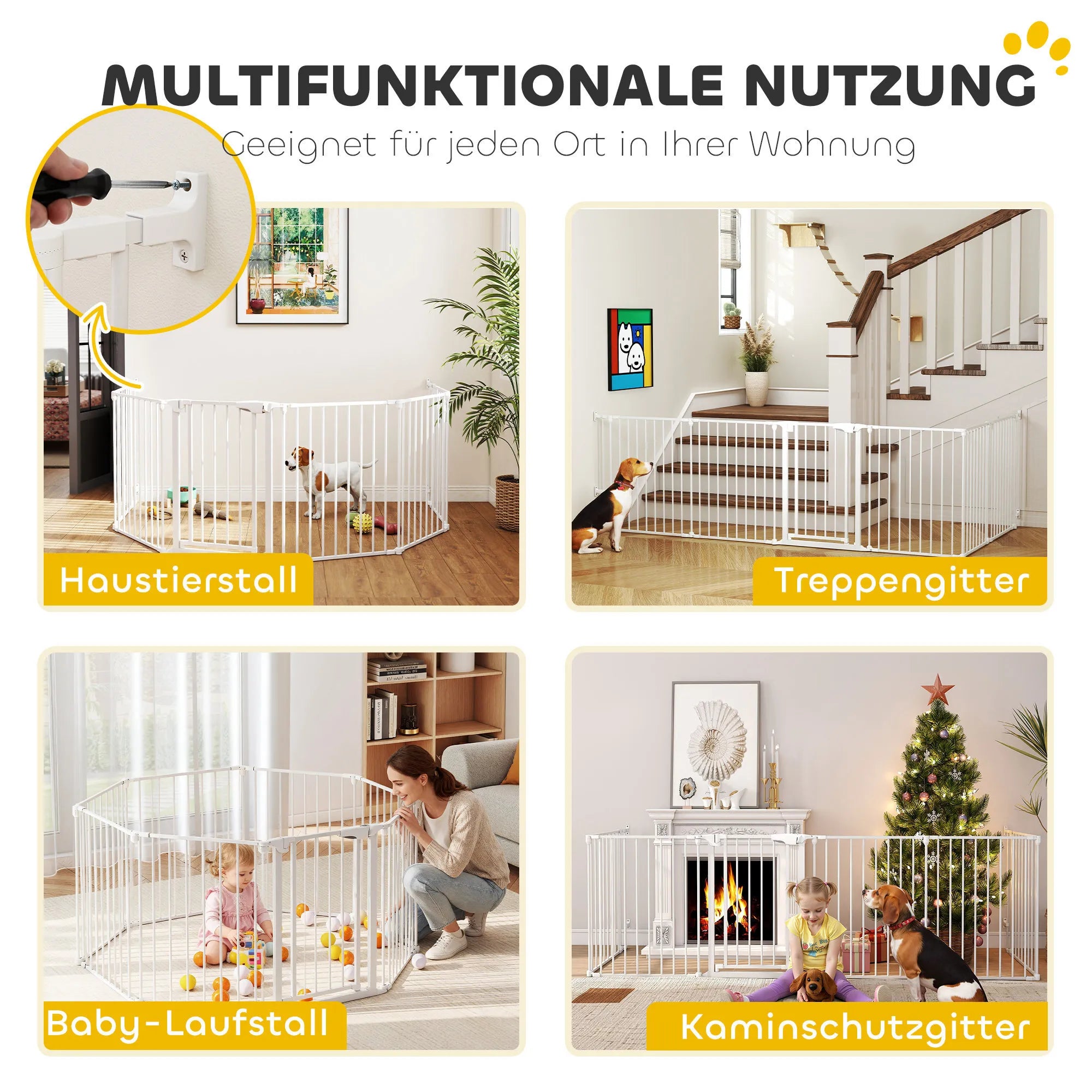 Gyvūnų tvora su durelėmis, 6 dalių, sulankstoma, balta