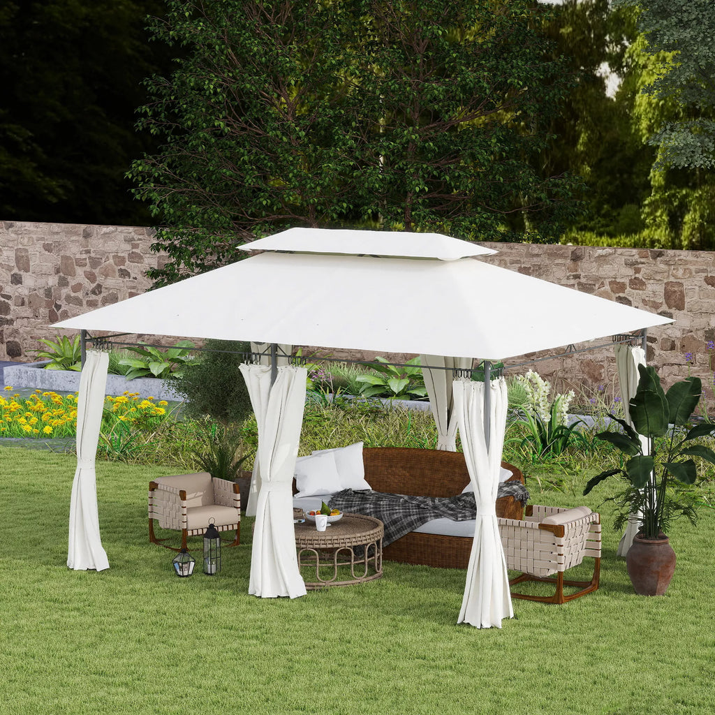Sodo paviljonas, pavėsinė su 6 šoninėmis sienelėmis ir dvigubu stogu komplektas, plienas ir poliesteris, 4x3 m, kreminė balta