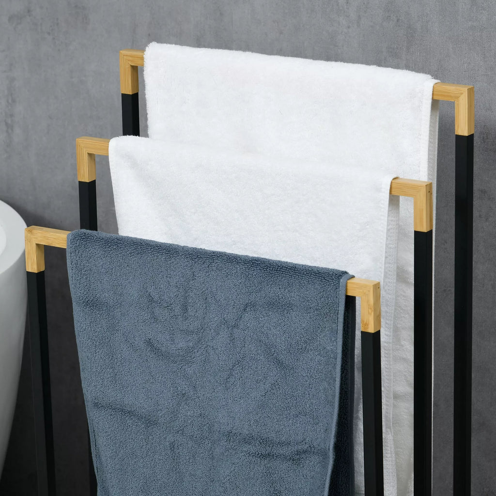 Rankšluosčių laikiklis Rankšluosčių laikiklio rinkinys 3 rankšluosčių strypai, pramoninis dizainas, bambukas, 45 x 22,5 x 86 cm, juodas + natūralus