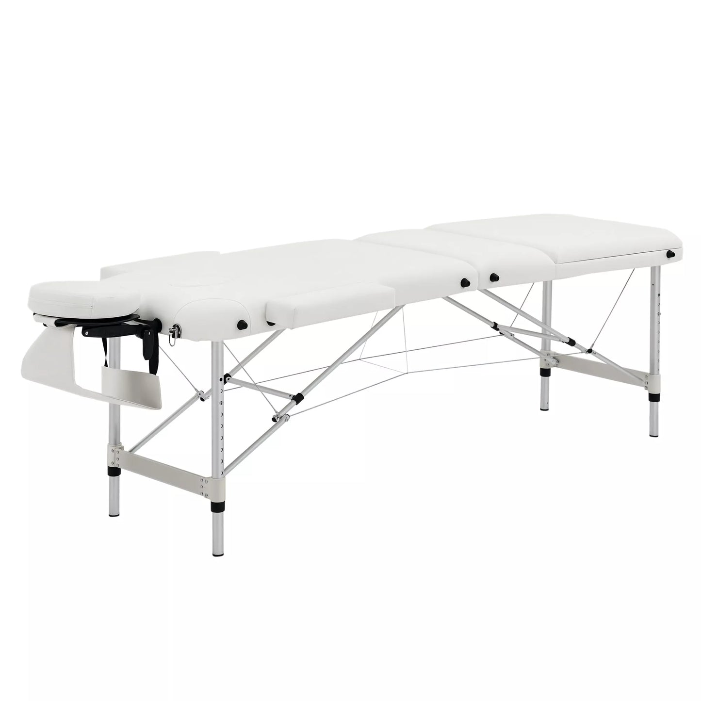 Nešiojama sulankstoma 3 zonų masažo kušetė su galvos atrama, atrama rankoms, transportavimo krepšiu, reguliuojamo aukščio aliumininė masažo kušetė, nešiojama, su priedais, iki 225 kg apkrovos, balta
