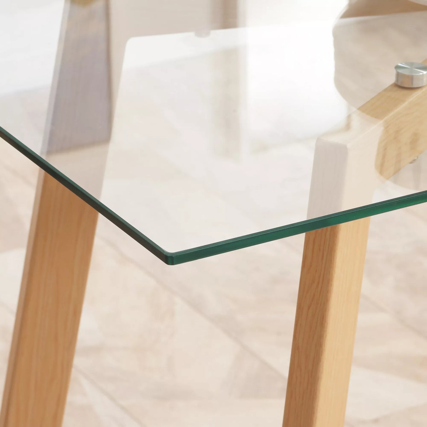 Valgomojo stalas 4 asmenims, stiklinis stalviršis, plieno rėmas, medžio išvaizda, 120I x 60P x 76A cm