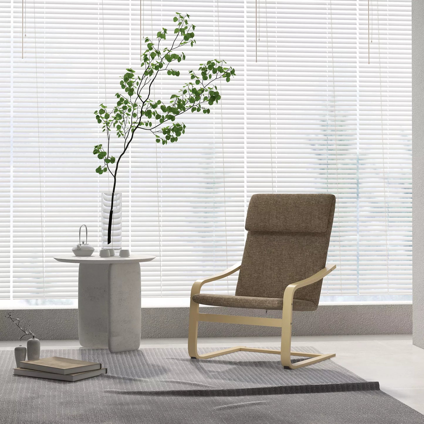 Fotelis su galvos atrama ir porankiais, lino imitacijos apmušalas, medinis rėmas, Ruda + Natūrali