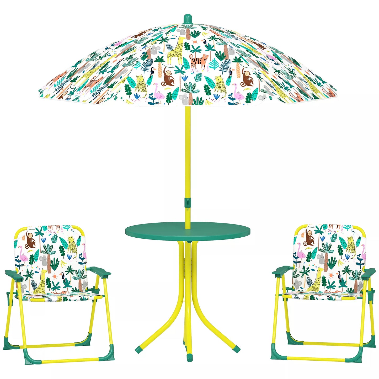 Vaikiškų baldų komplektas, 4 dalių baldų rinkinys su nuimamu skėčiu nuo saulės ir 2 sulankstomomis kėdėmis, plienas ir tekstilė bei plastikas, žalia