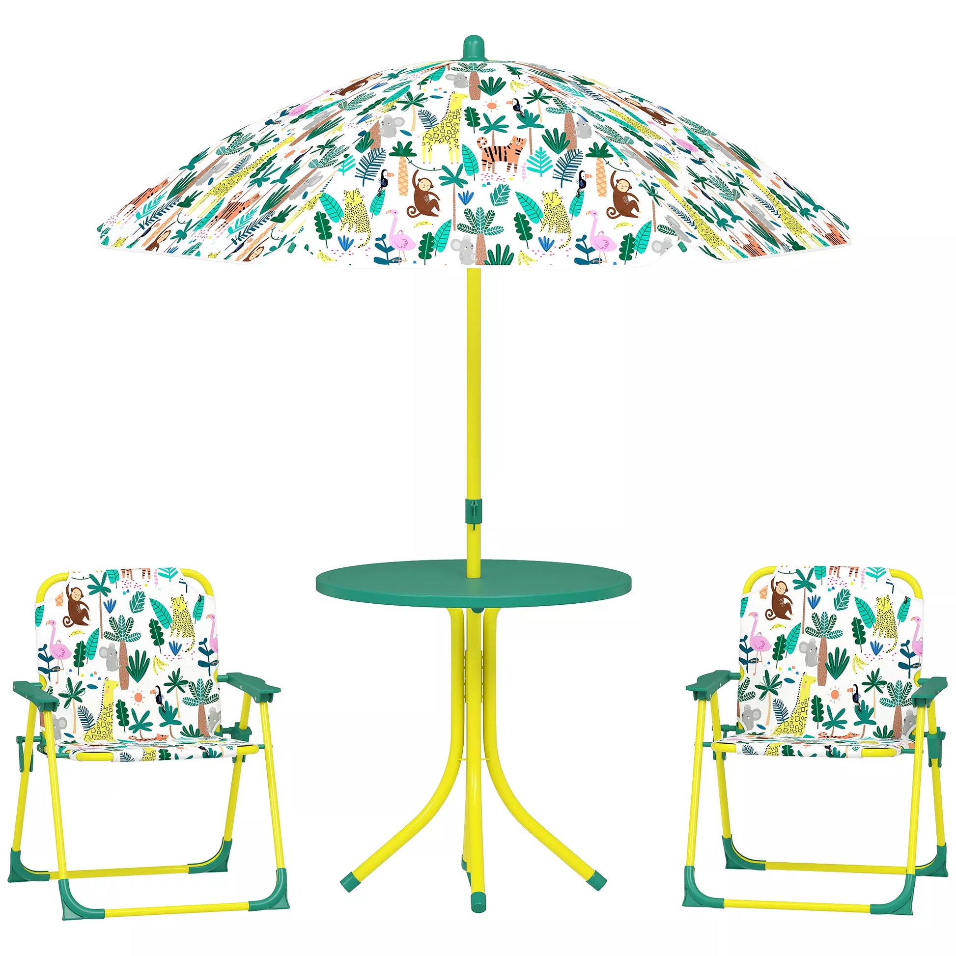 Vaikiškų baldų komplektas, 4 dalių baldų rinkinys su nuimamu skėčiu nuo saulės ir 2 sulankstomomis kėdėmis, plienas ir tekstilė bei plastikas, žalia