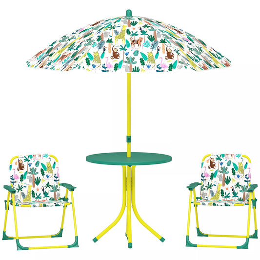Vaikiškų baldų komplektas, 4 dalių baldų rinkinys su nuimamu skėčiu nuo saulės ir 2 sulankstomomis kėdėmis, plienas ir tekstilė bei plastikas, žalia
