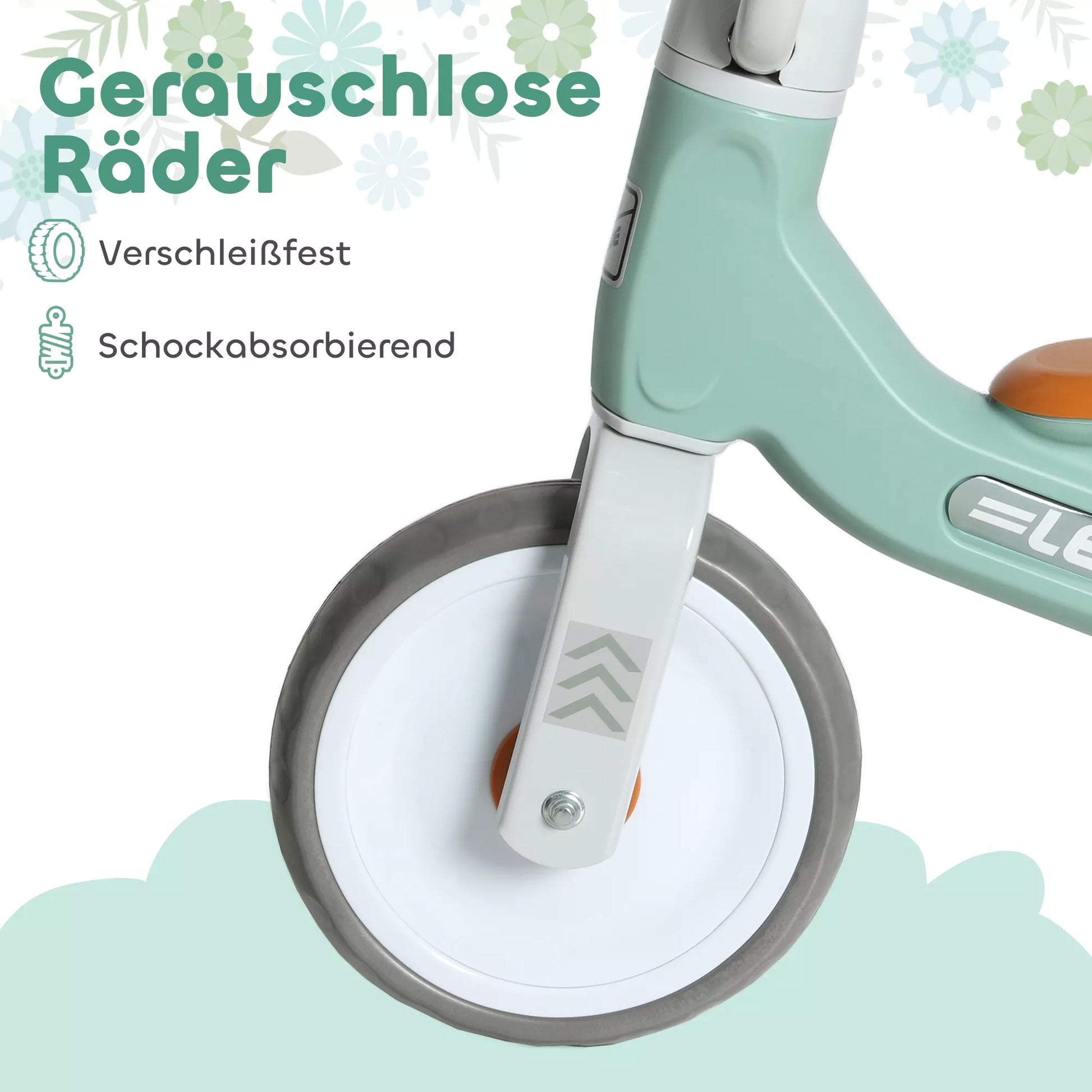 Vaikiškas balansinis dviratis be pedalų, 3 tylūs ratai, skirtas 12–36 mėnesių berniukams ir mergaitėms, naudoti patalpose ir lauke, žalios spalvos