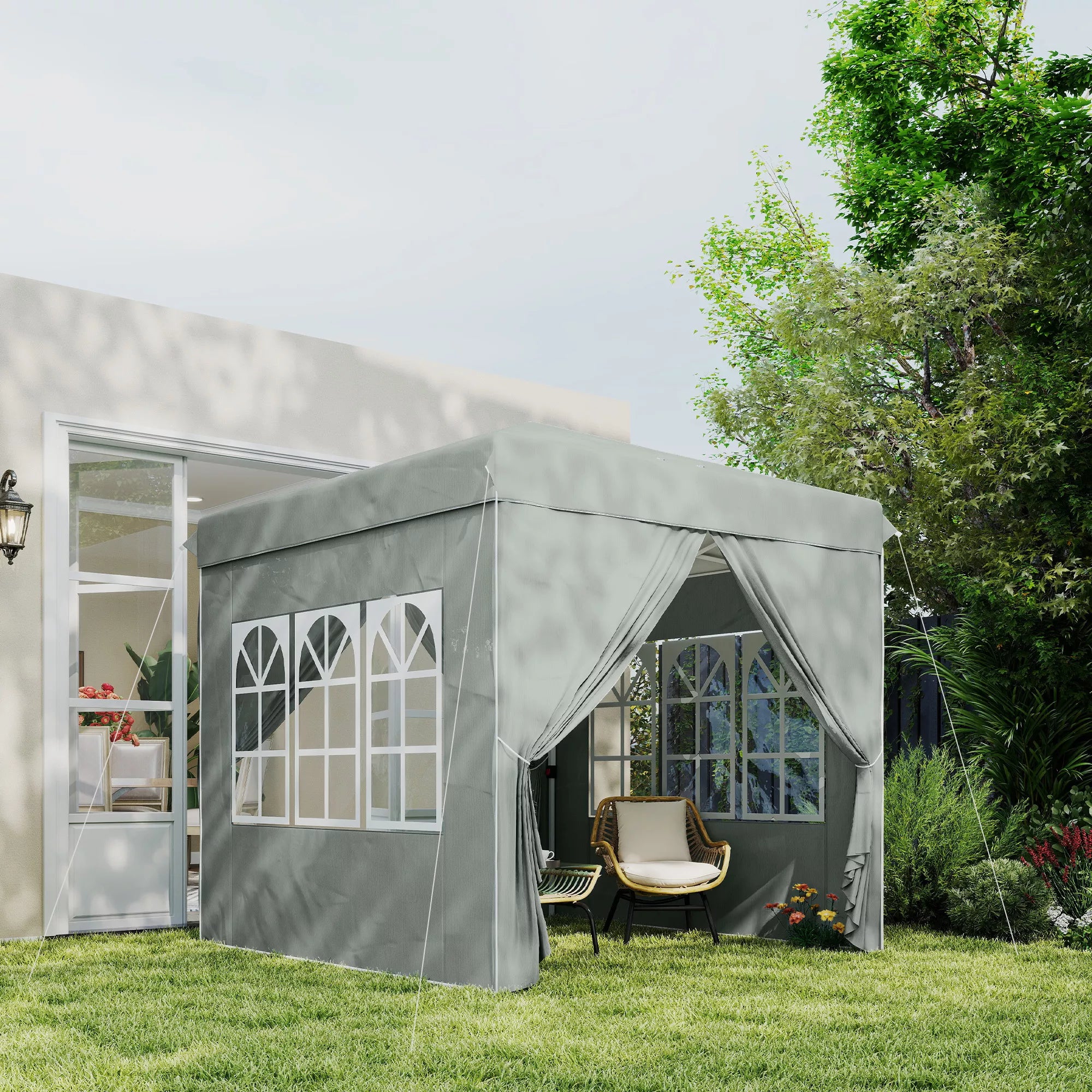 2,5 x 2,5 m pop-up paviljonas su šoninėmis sienomis ir nešimo krepšiu, UPF50+ aukščio reguliuojama sodo palapinė, šviesiai pilka