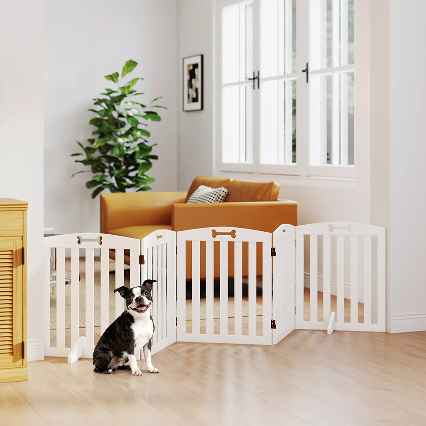 Laisvas stovintis šunų aptvaras su atraminėmis kojomis, skirtas durų angai, koridoriui, laiptams, 258 x 30 x 61 cm, baltas