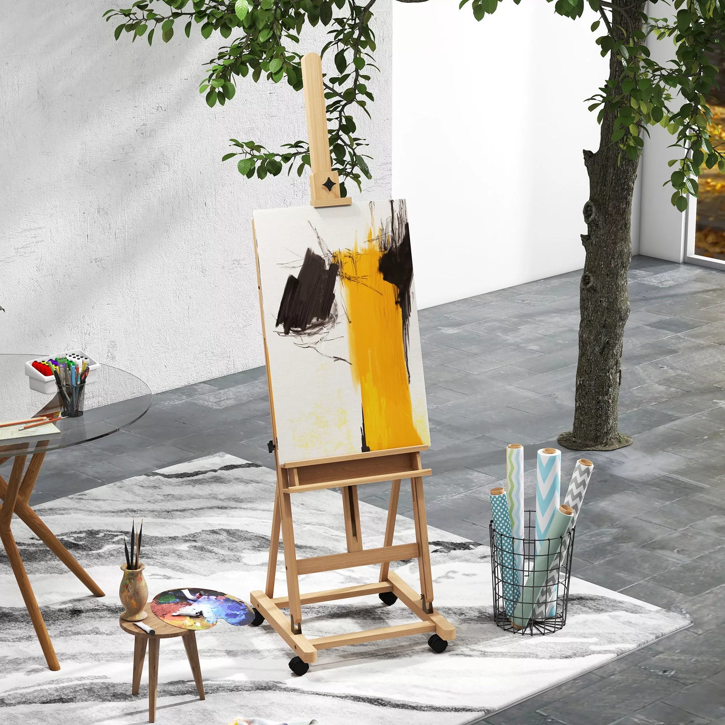 Molbertas, Tapytojo molbertas, Aukščiui reguliuojamas, su 4 ratukais, Natūralus + Juodas