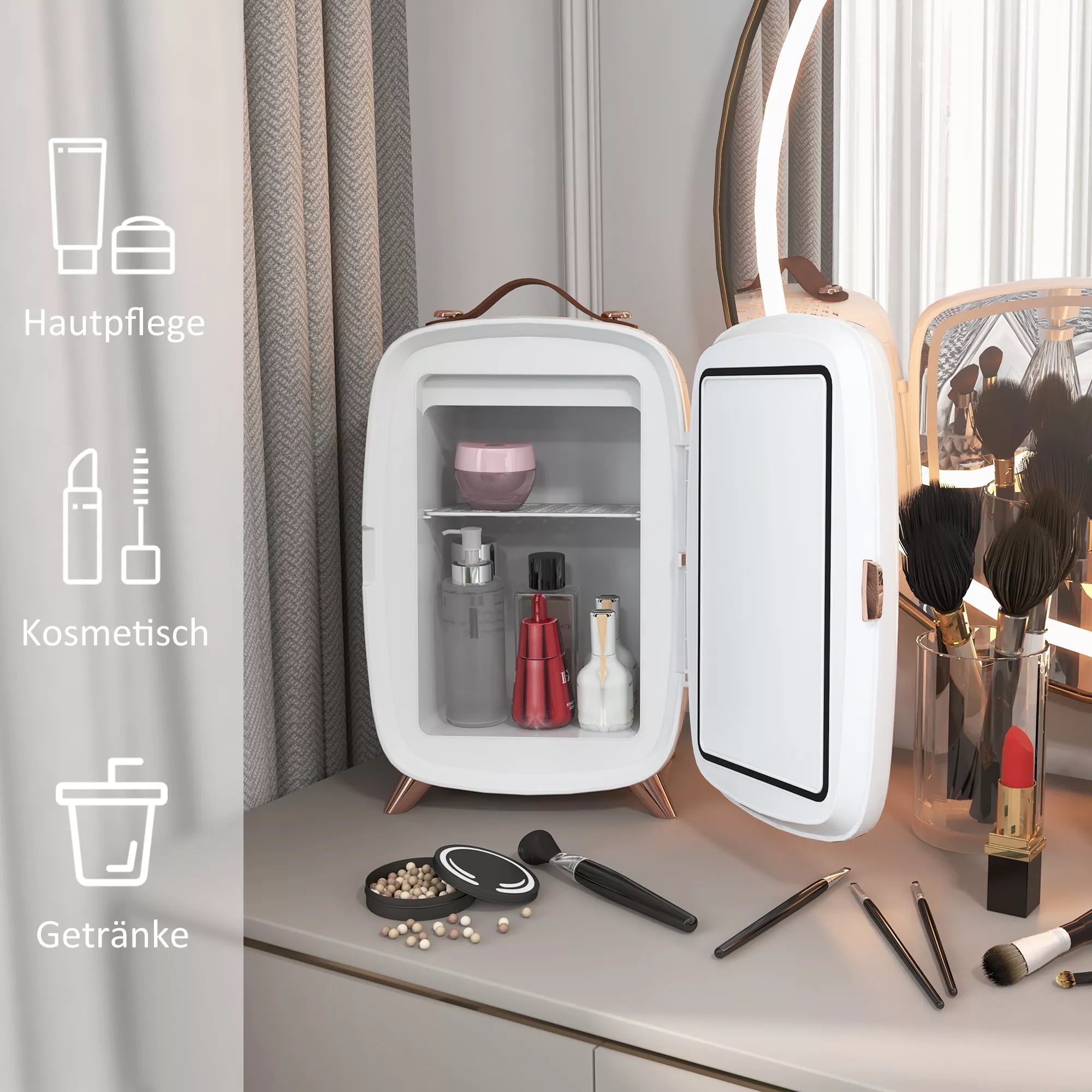 Mini šaldytuvas kosmetikai su veidrodžiu ir LED apšvietimu, 6L, baltas
