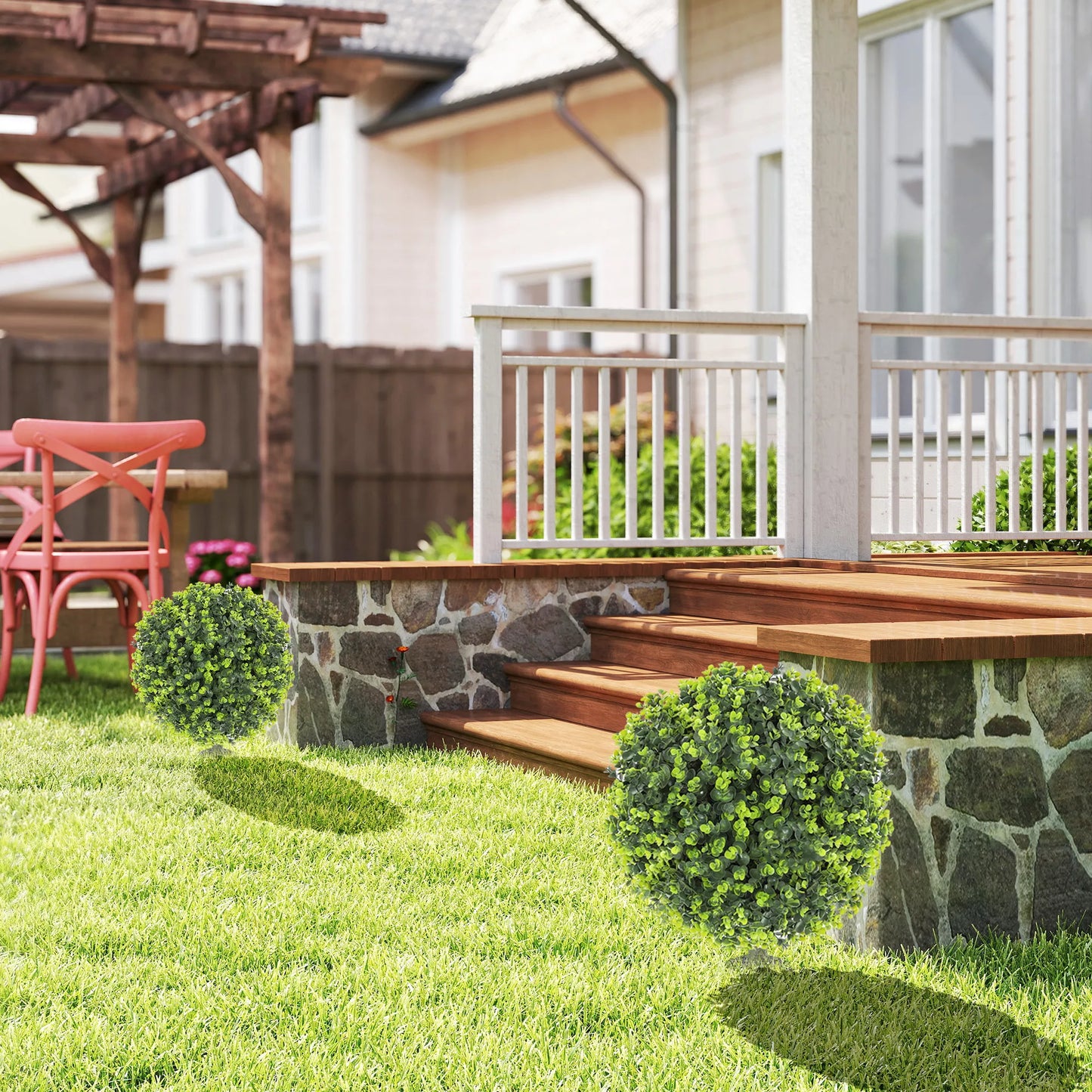 2 vnt. rinkinys. Dirbtinio buksmedžio rutuliai su kuoliuku įsmeigti į žemę, skirti naudoti viduje ir lauke, atsparūs UV spinduliams, žali.