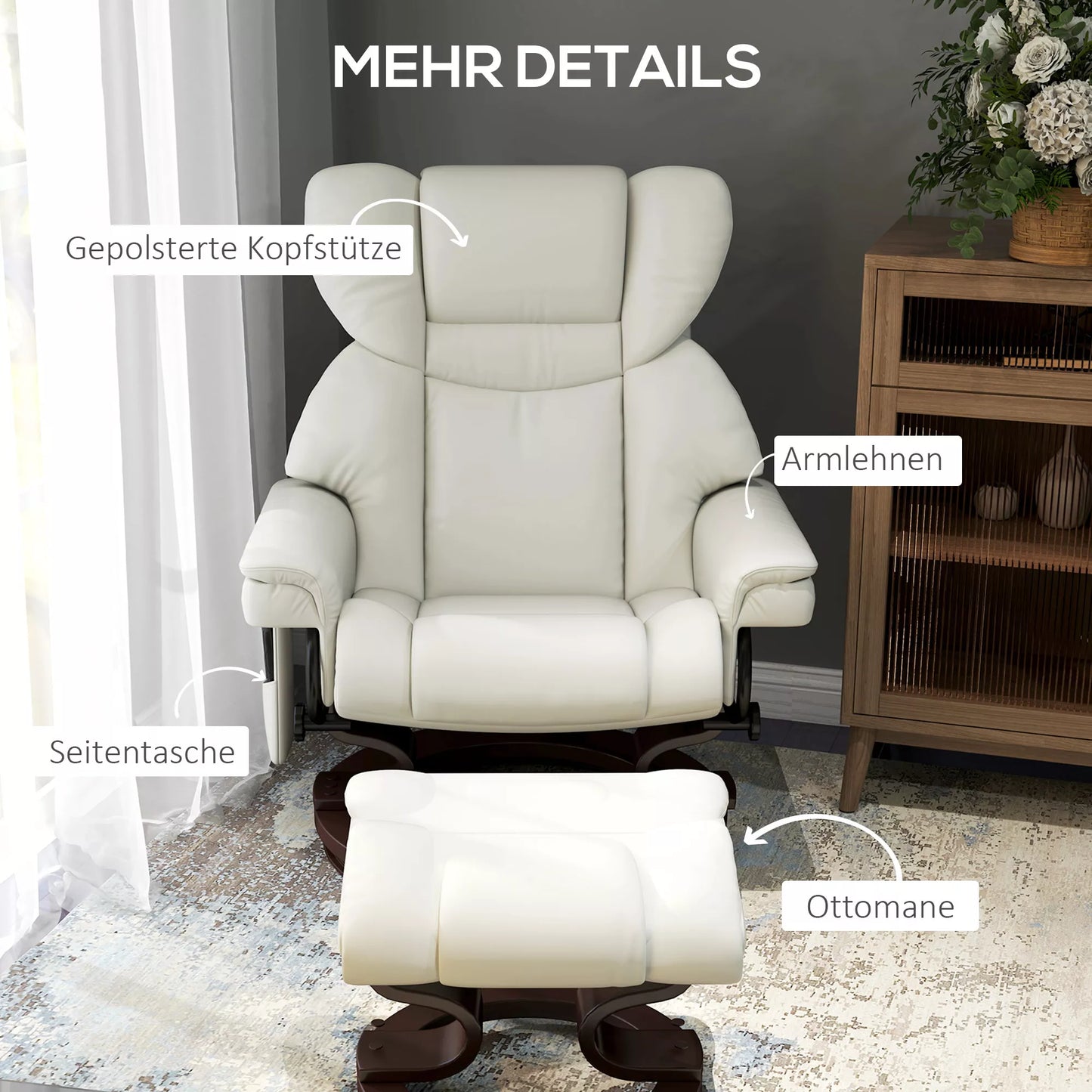 Poilsio krėslas su masažo funkcija ir pėdų atrama, atlošiamas krėslas, dirbtinė oda, 79 x 82 x 101 cm, kreminės baltos spalvos