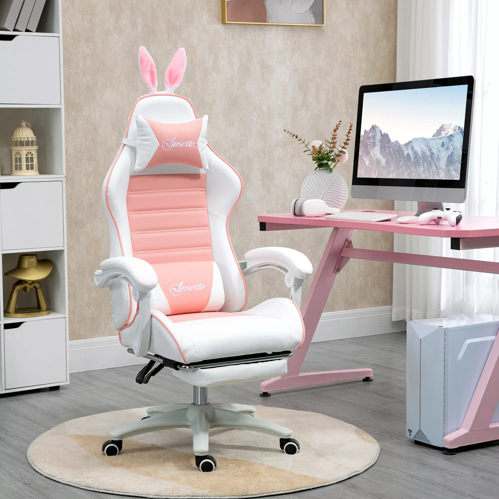 Žaidimų kėdė Ergonomiška žaidėjų kėdė su juosmens atrama, kojų atrama, triušio ausų pagalvėle, rožinė