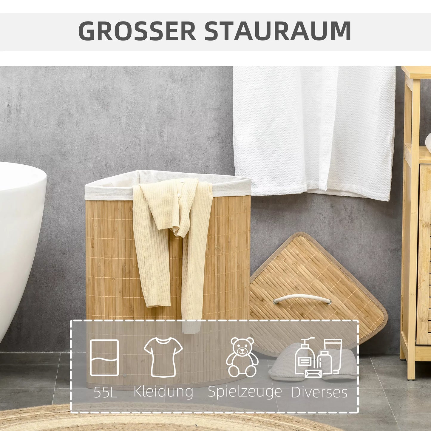 55 L skalbinių krepšys su dangčiu, rankena, skalbinių rūšiuoklis su išimamu skalbinių maišu vonios kambariui, bambukas, natūralus