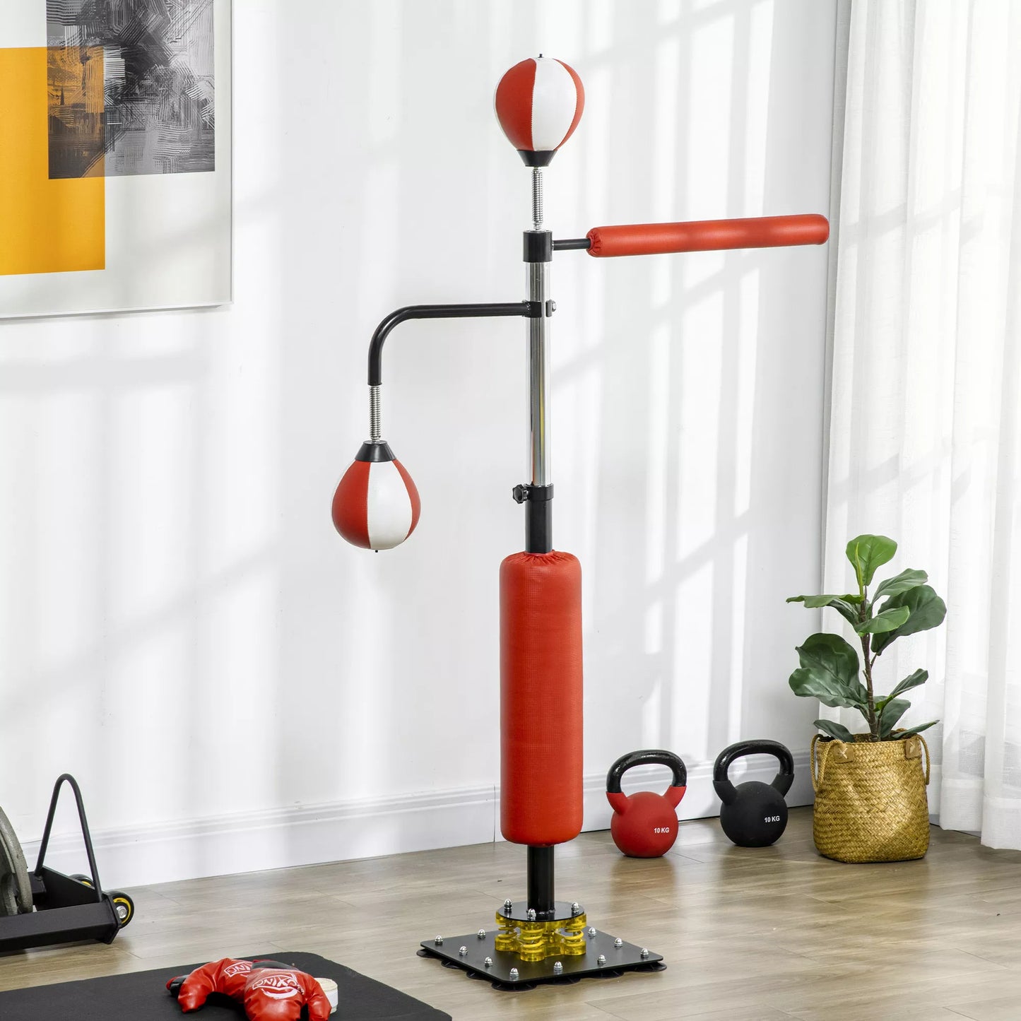 Bokso stendas, du speedball'ai, besisukanti bokso atrama, smūgio pagalvėlė, reguliuojamo aukščio, plienas, 107 x 36 x 140-205cm