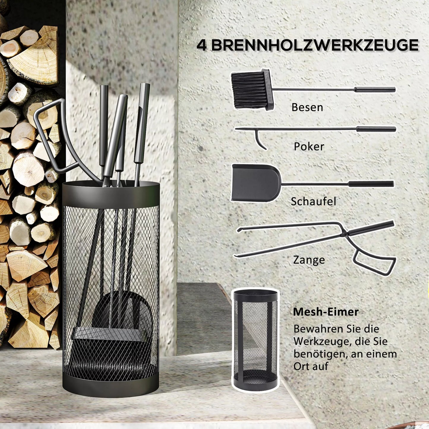 5 dalių židinio įrankių komplektas: šluota, kastuvas, žnyplės, pakūros pagaliukas ir krepšys, pagamintas iš ugniai atsparaus juodo metalo