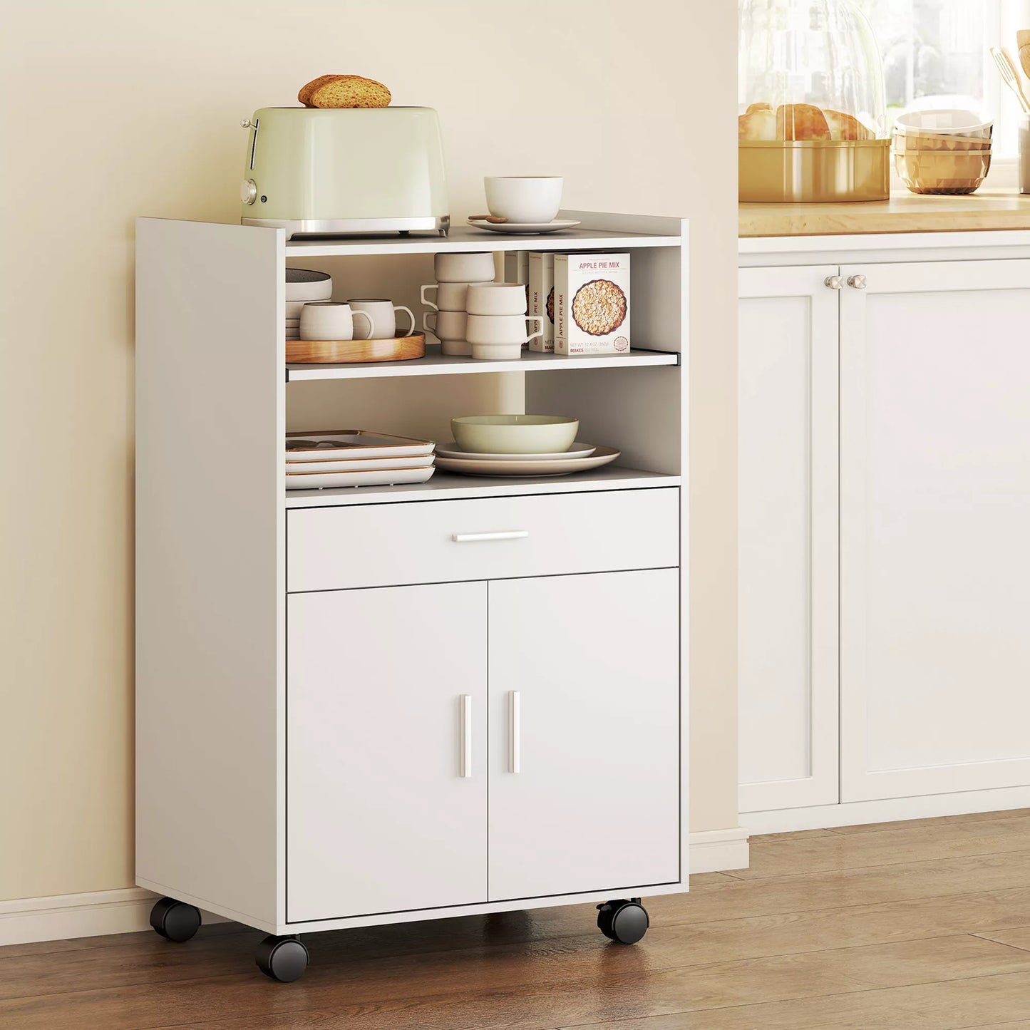 Spintelė mikrobangų krosnelei, lentyna, spintelė su dvigubomis durimis, stalčius, ratukai, balta