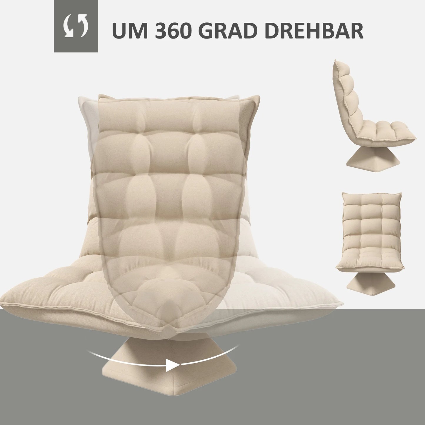 Relaksacinis skaitymo krėslas, sukamasis, lininio audinio išvaizda, 62 cm x 70 cm x 95 cm, smėlio spalvos