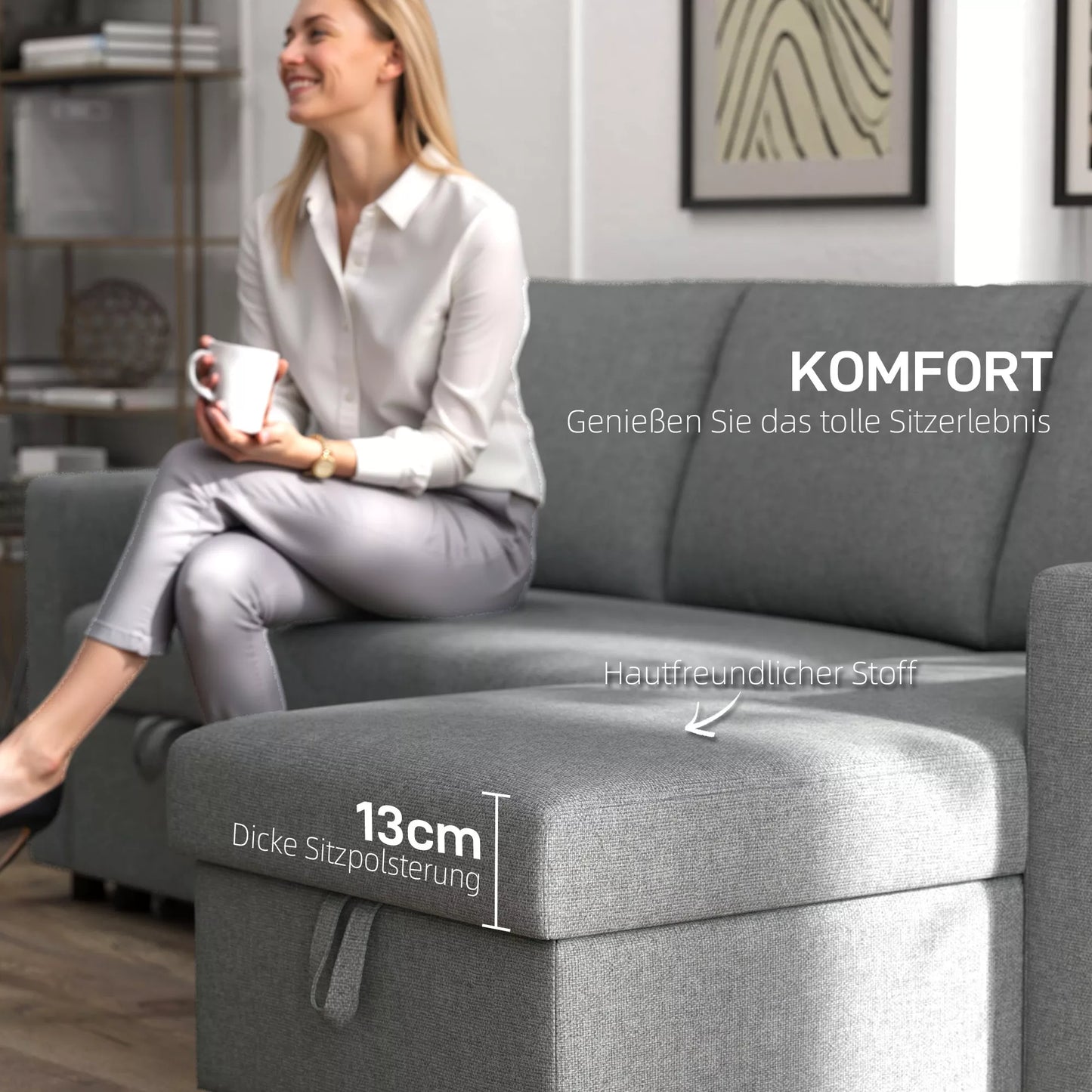 Kampinė sofa su miegojimo funkcija ir daiktadėže, kampinė sofa su patalynės dėže, čiažlongas, miegamoji sofa, audinio sofa, L formos, lininis paviršius, šviesiai pilka, 211,5 x 146 x 85 cm