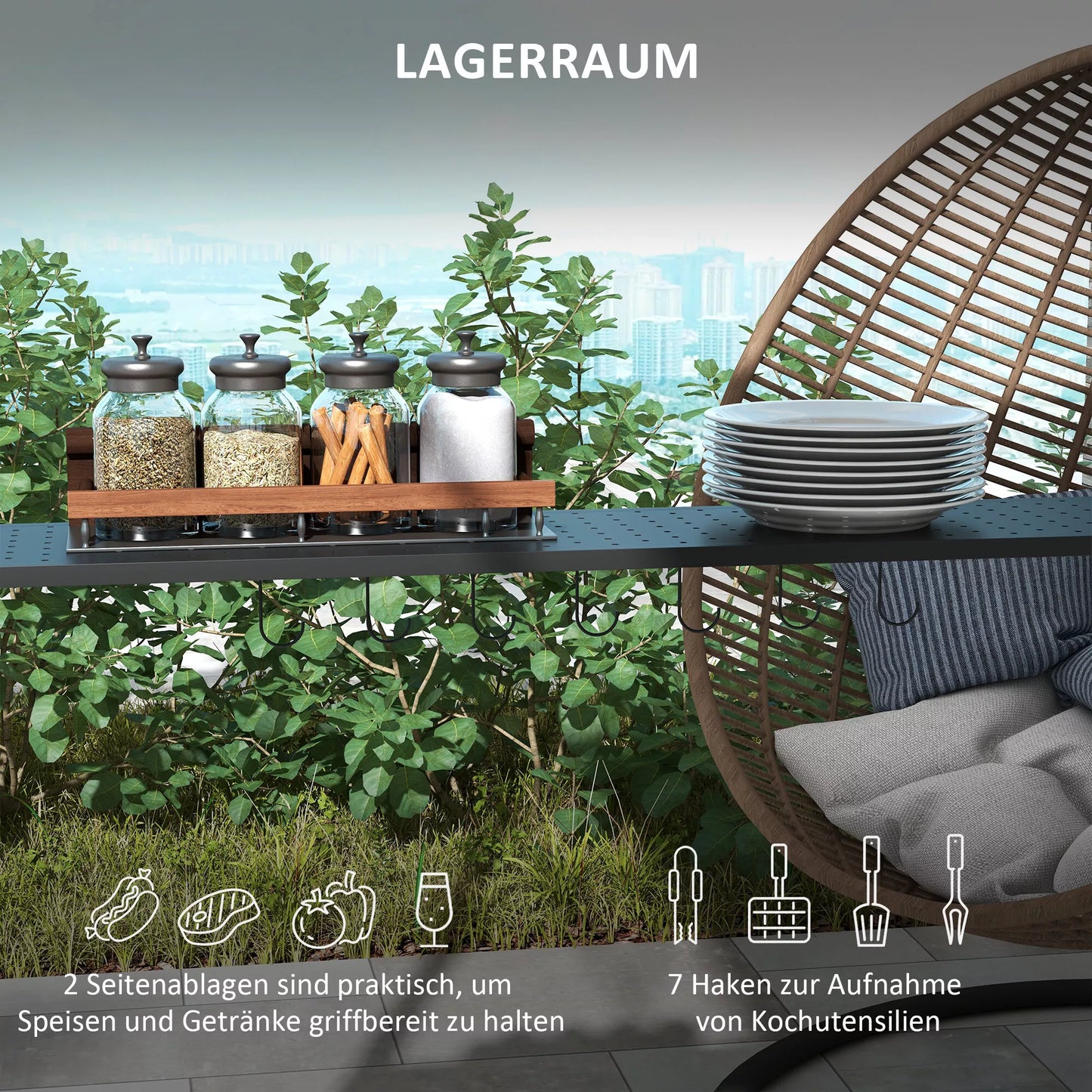 Grilio pavėsinė, 2 šoninės lentynos, kabliukai, plieninis rėmas, 1,1 x 2,3 m, chaki