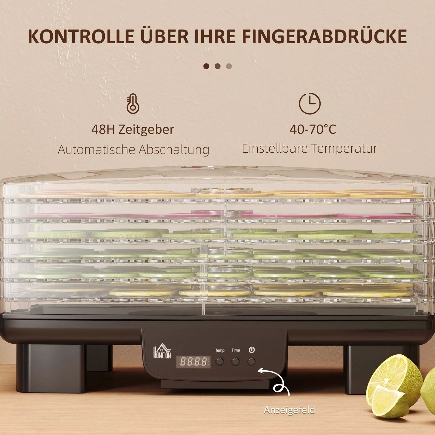 Maisto džiovintuvas, 6 padėklai, karšto oro cirkuliacija, 40-70℃, 43 x 29,5 x 28 cm, juodas