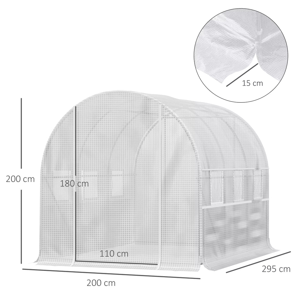 Plėvelės šiltnamis, 6 suskleidžiamieji langai, durys su užtrauktuku, nerūdijančio plieno rėmas, 2,95 x 2 x 2 m, baltas