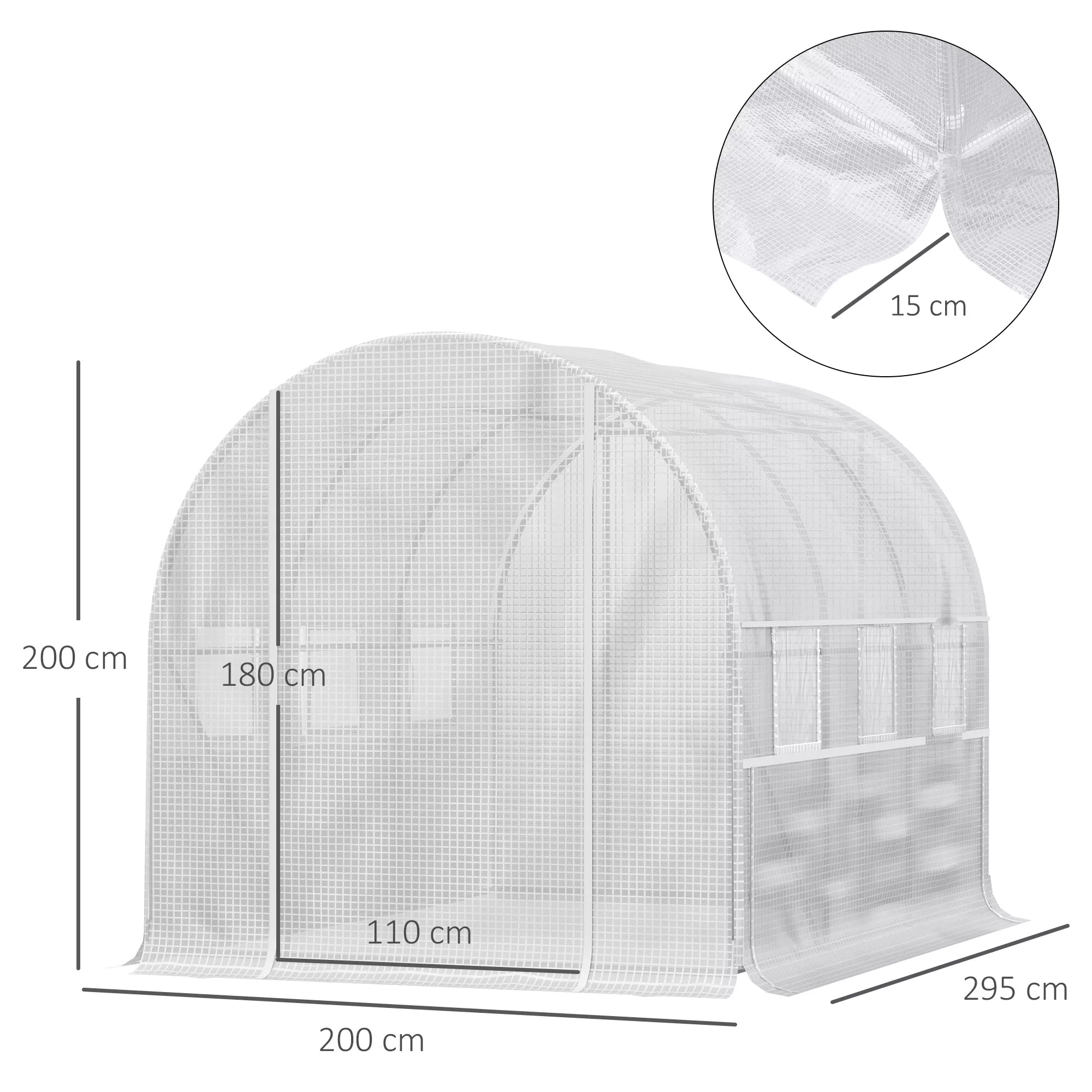 Plėvelės šiltnamis, 6 suskleidžiamieji langai, durys su užtrauktuku, nerūdijančio plieno rėmas, 2,95 x 2 x 2 m, baltas