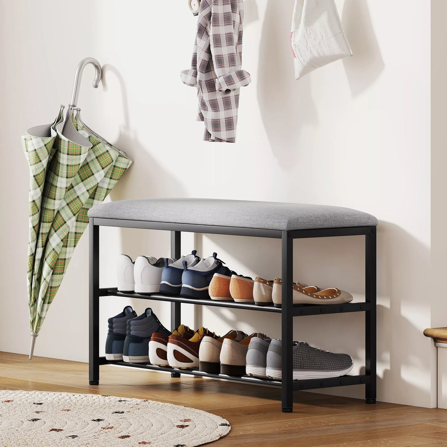 Batų suolas su sėdyne, suolas su daiktadėže, batų lentyna su 2 atviromis lentynomis, suolas 81 x 31 x 50 cm Juodas