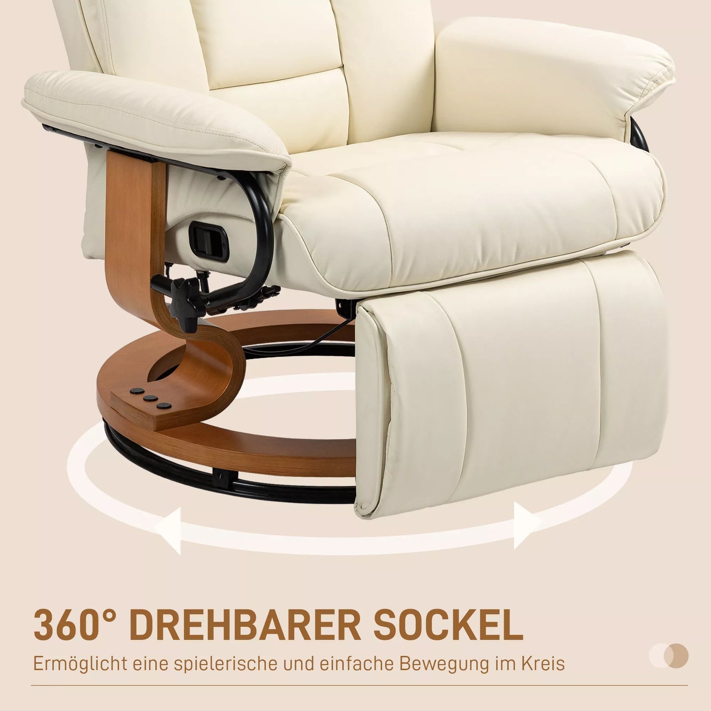 Atlošiamasis krėslas su atlošimo funkcija, besisukantis, iki 150 kg, dirbtinės odos apmušalas, plieninis rėmas, kreminės baltos spalvos