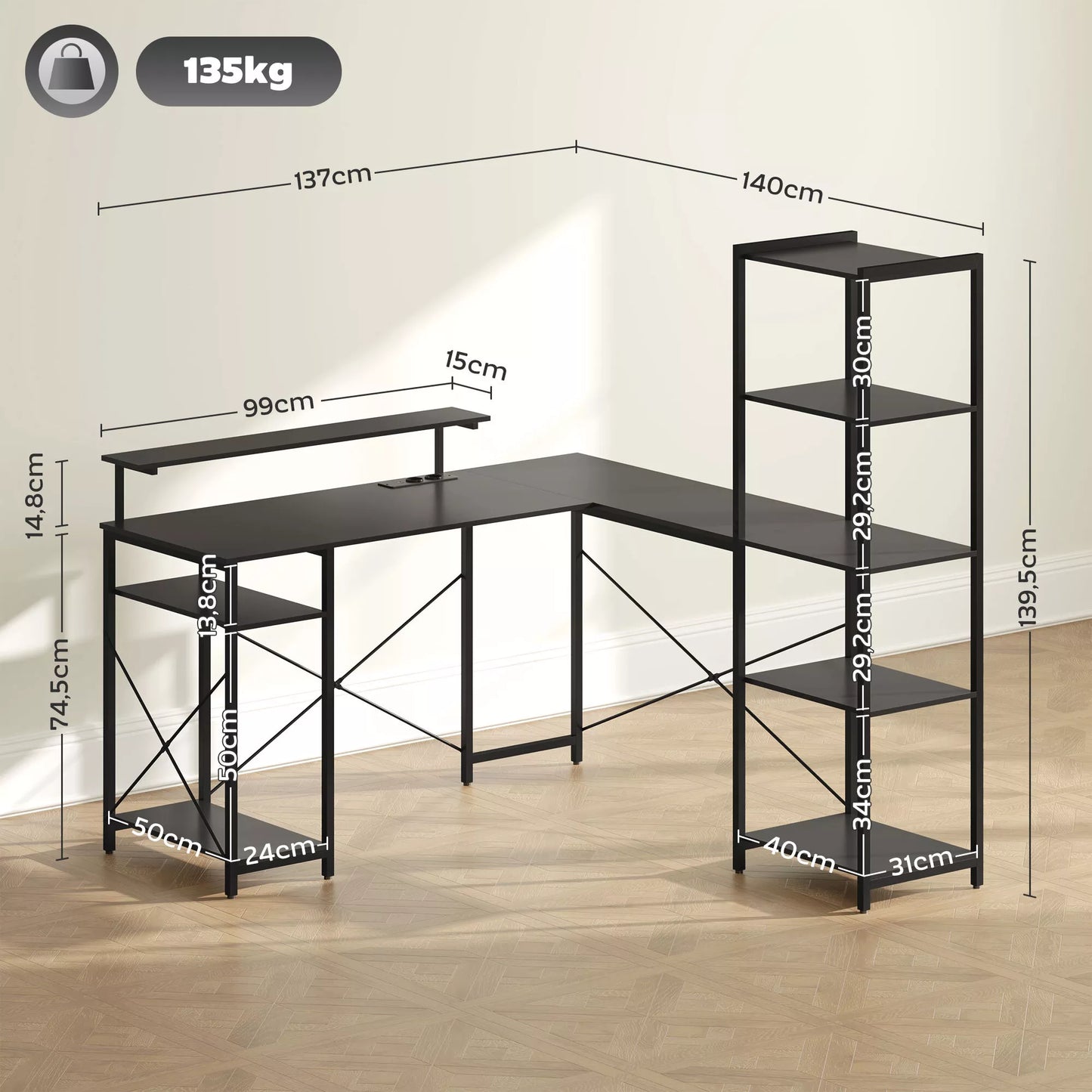 L formos rašomasis stalas su įkrovimo stotele, kampinis kompiuterio stalas su monitoriaus laikikliu ir lentynomis, namų biurui, biurui, juodas