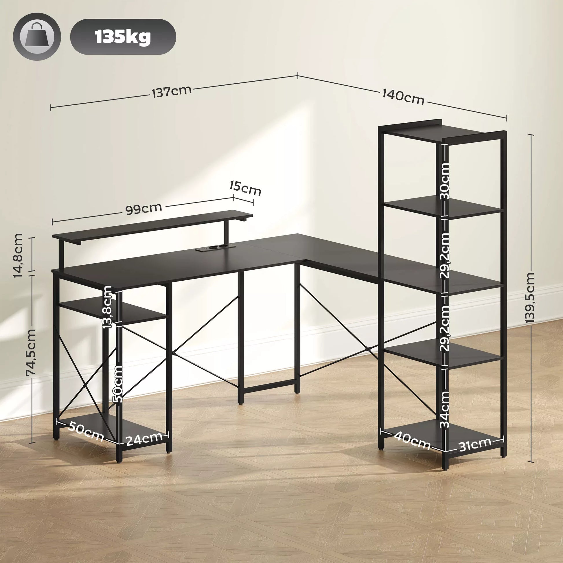 L formos rašomasis stalas su įkrovimo stotele, kampinis kompiuterio stalas su monitoriaus laikikliu ir lentynomis, namų biurui, biurui, juodas