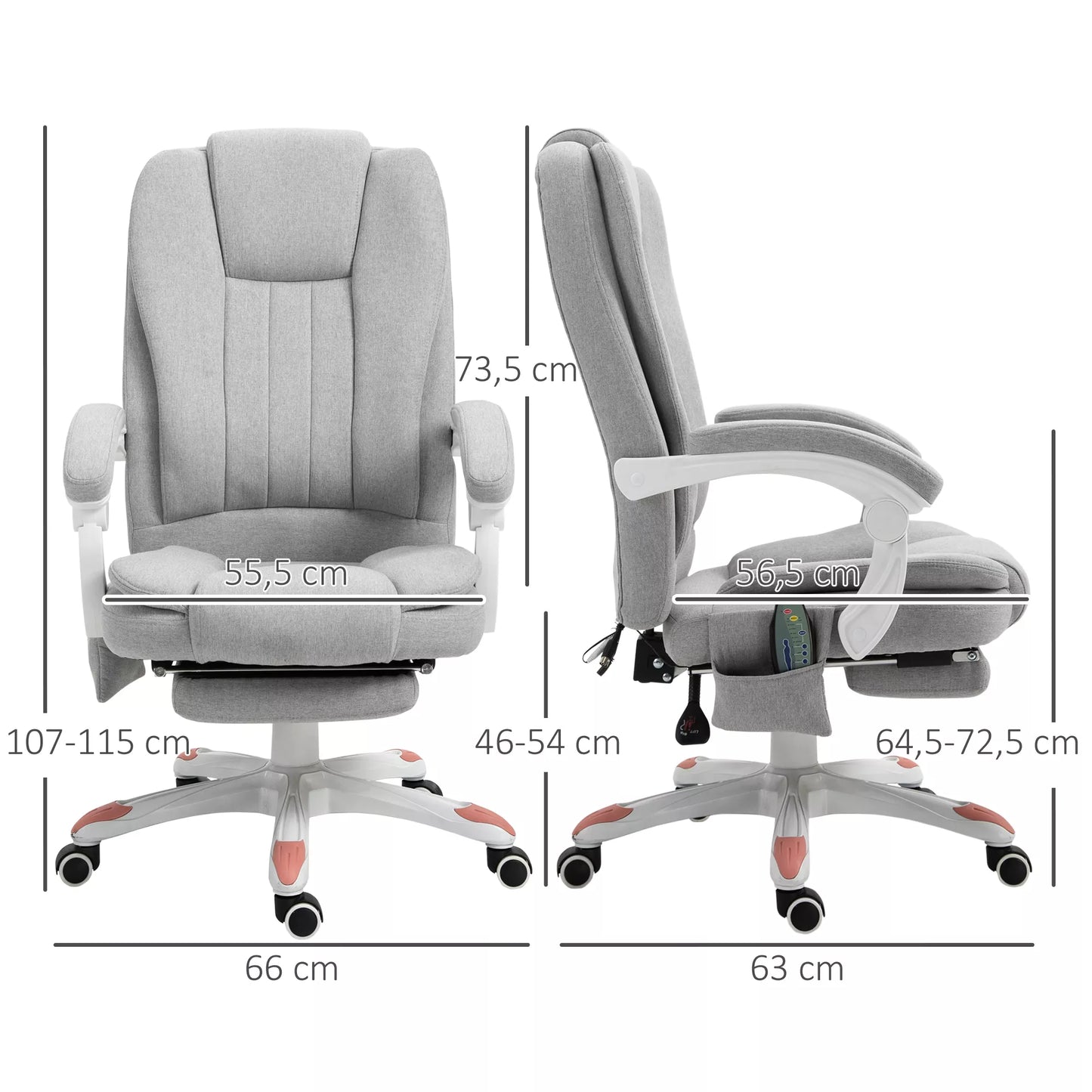 Masažinė kėdė, biuro kėdė, žaidimų kėdė, poliesteris, putplastis, nailonas, pilka, 66 x 63 x 107-115 cm