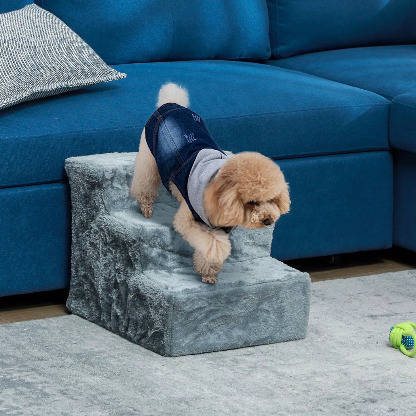 Sulankstomos laiptelės gyvūnams, 3 pakopos, plaunamas pliušinis apmušalas, medžio drožlių plokštė, 46 x 35 x 35 cm, šviesiai pilkos spalvos