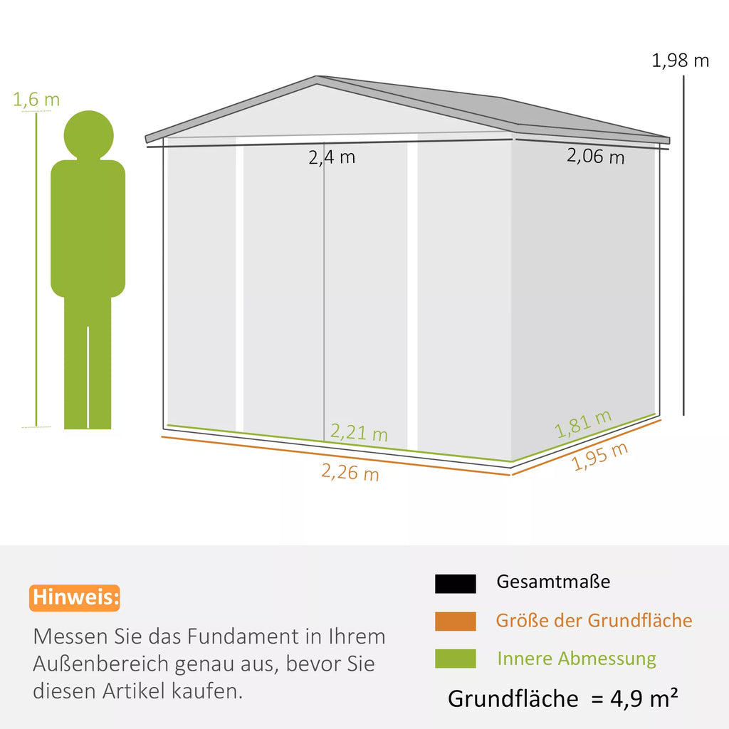 Metalinis sodo namelis, atsparus oro sąlygoms & nerūdyjantis, užrakinamas, 2,40 x 2,06 x 1,98 m, tikas