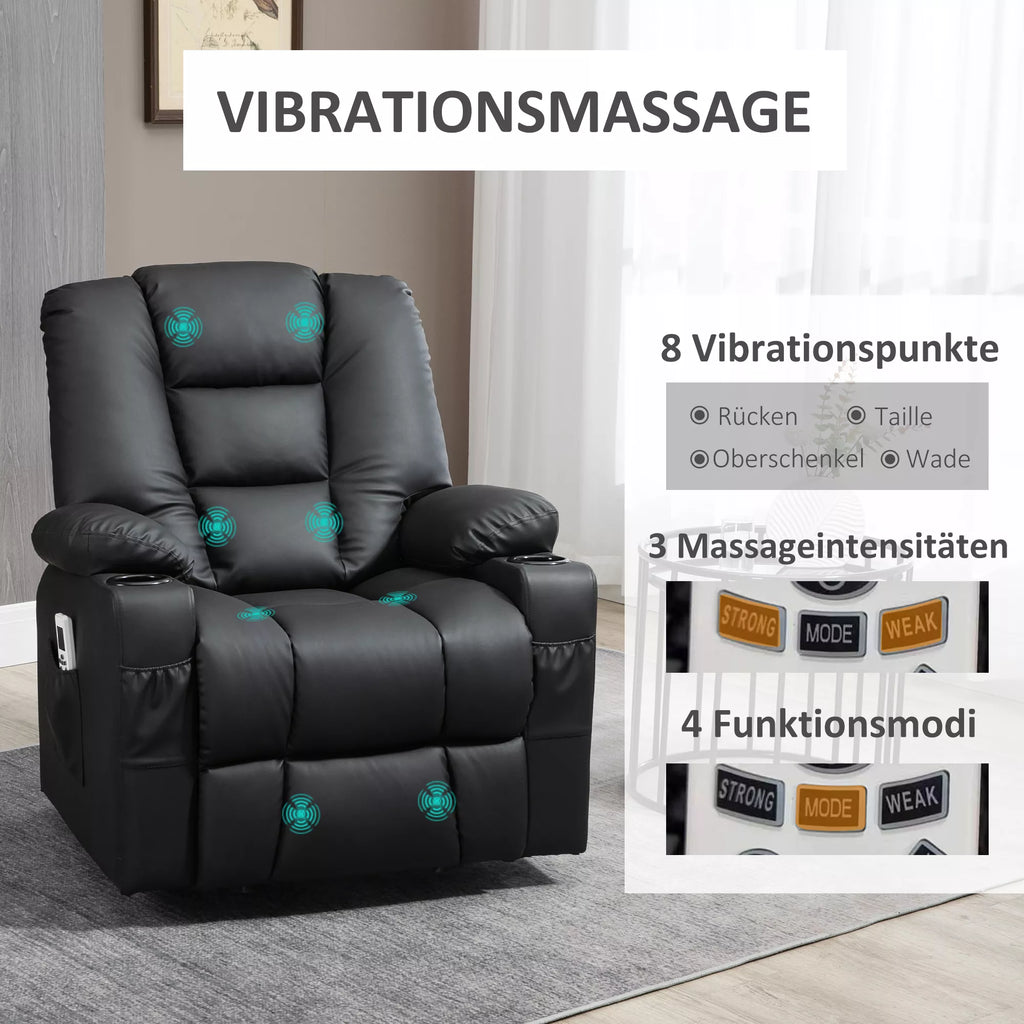 Atpalaiduojantis fotelis su pakėlimo pagalba, USB, masažo funkcija, dirbtinė oda, iki 150 kg, 90x98x102 cm, juodas