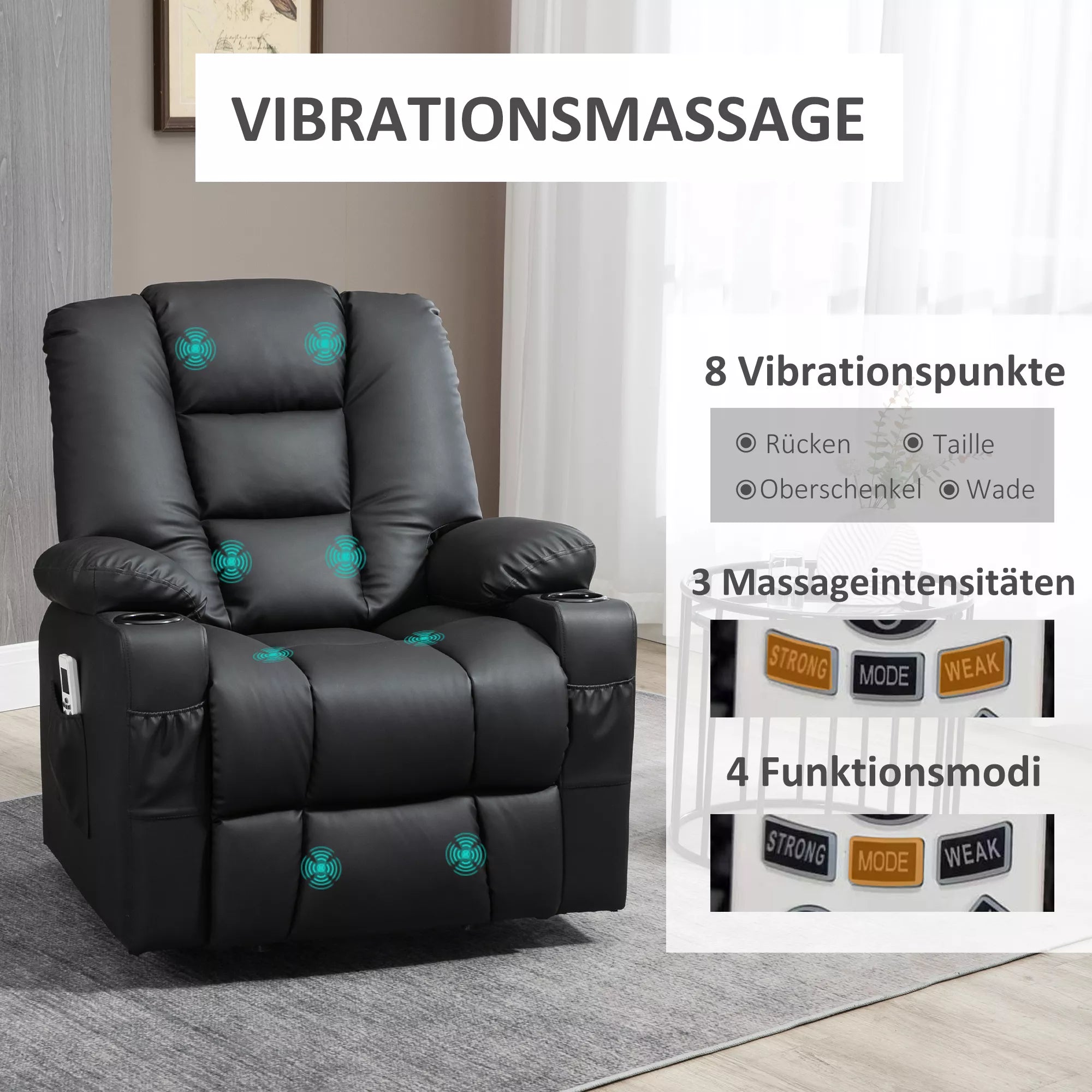 Atpalaiduojantis fotelis su pakėlimo pagalba, USB, masažo funkcija, dirbtinė oda, iki 150 kg, 90x98x102 cm, juodas